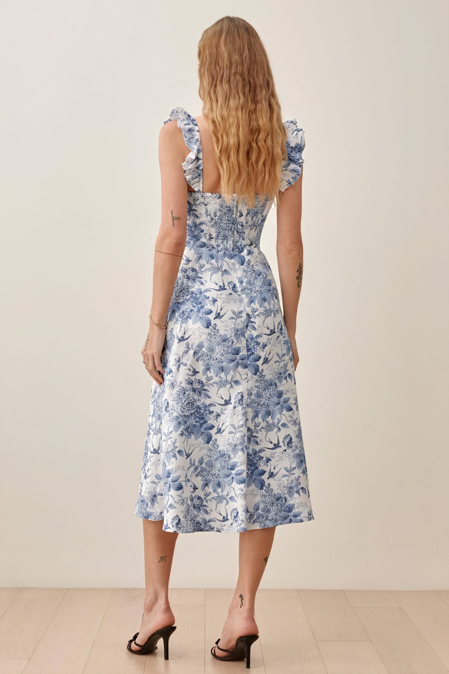 Floral Midi Dress - Ruffle Straps, Square Neck