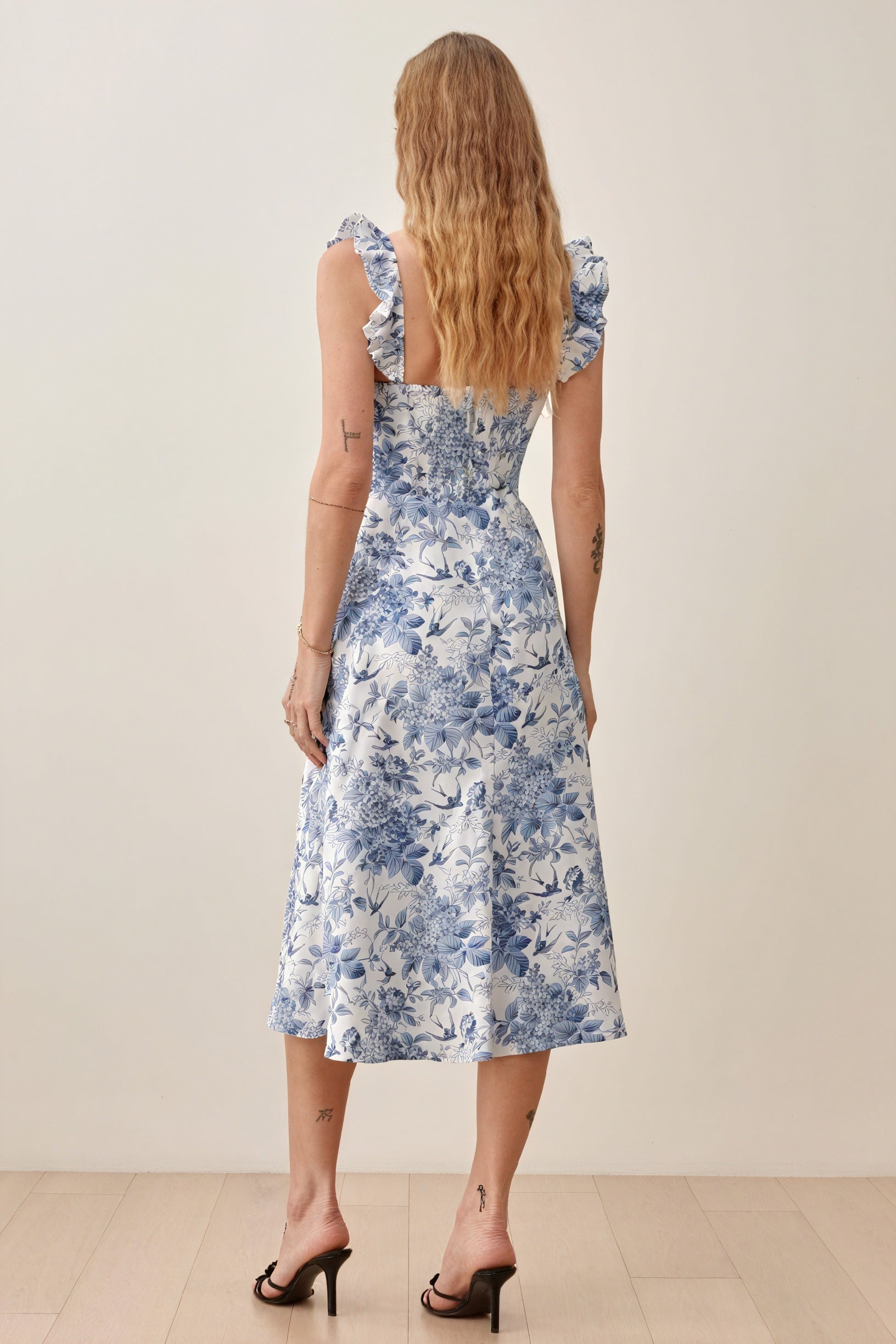 Floral Midi Dress - Ruffle Straps, Square Neck