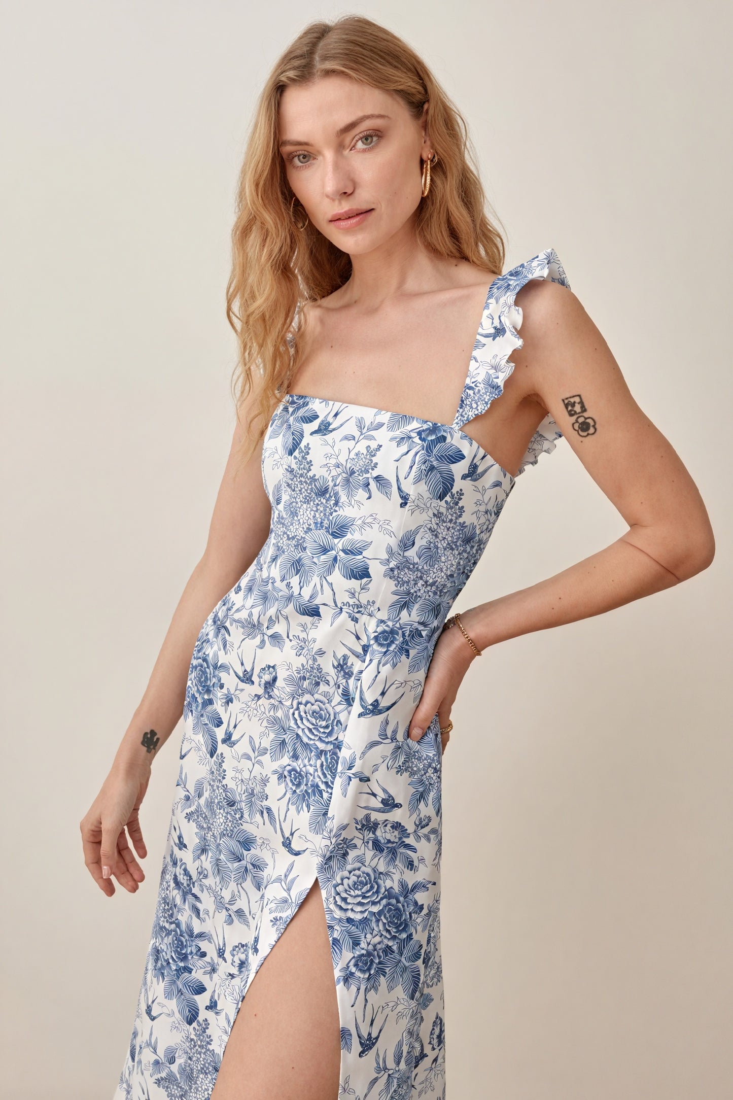 Floral Midi Dress - Ruffle Straps, Square Neck