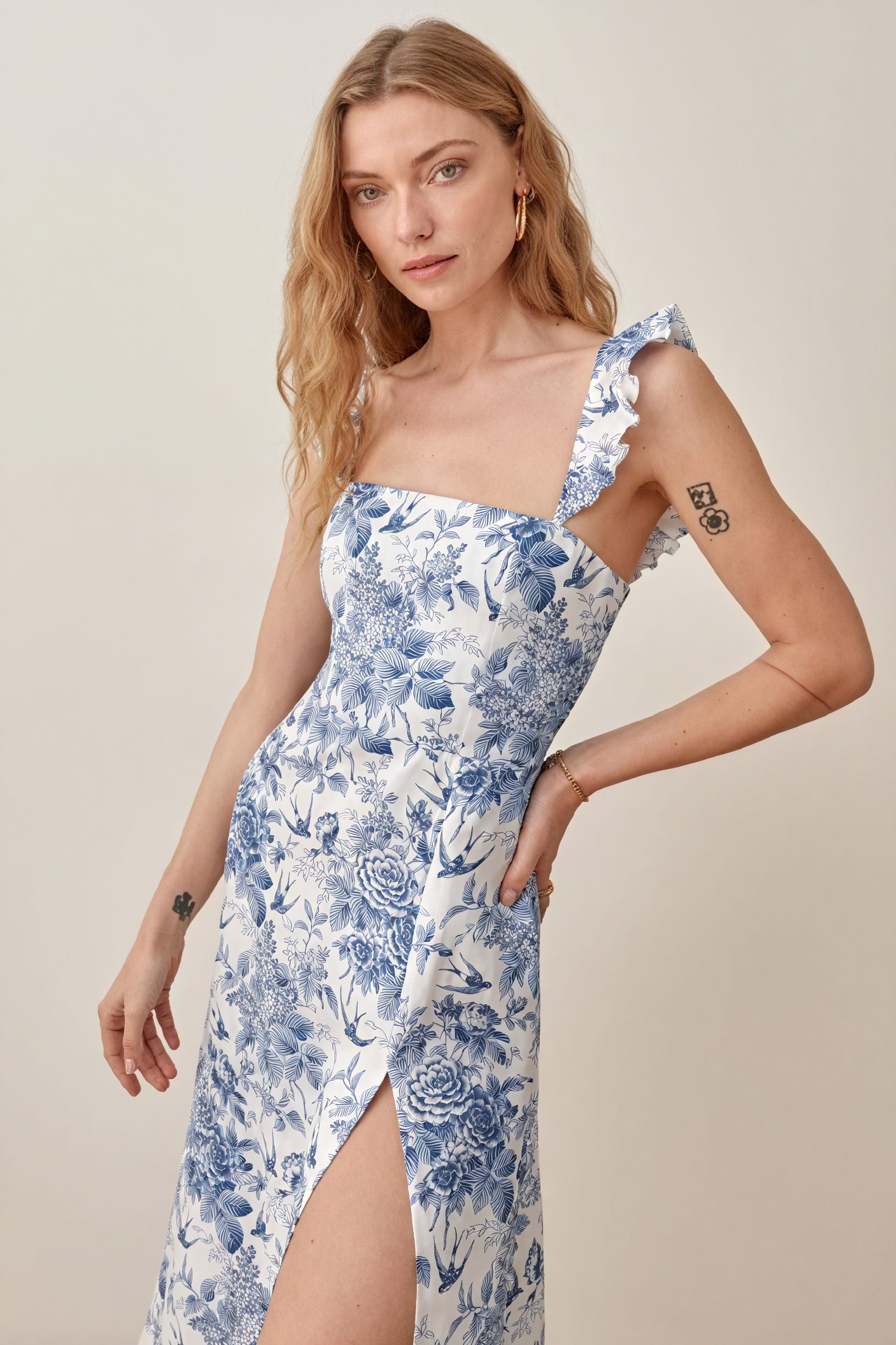 Floral Midi Dress - Ruffle Straps, Square Neck