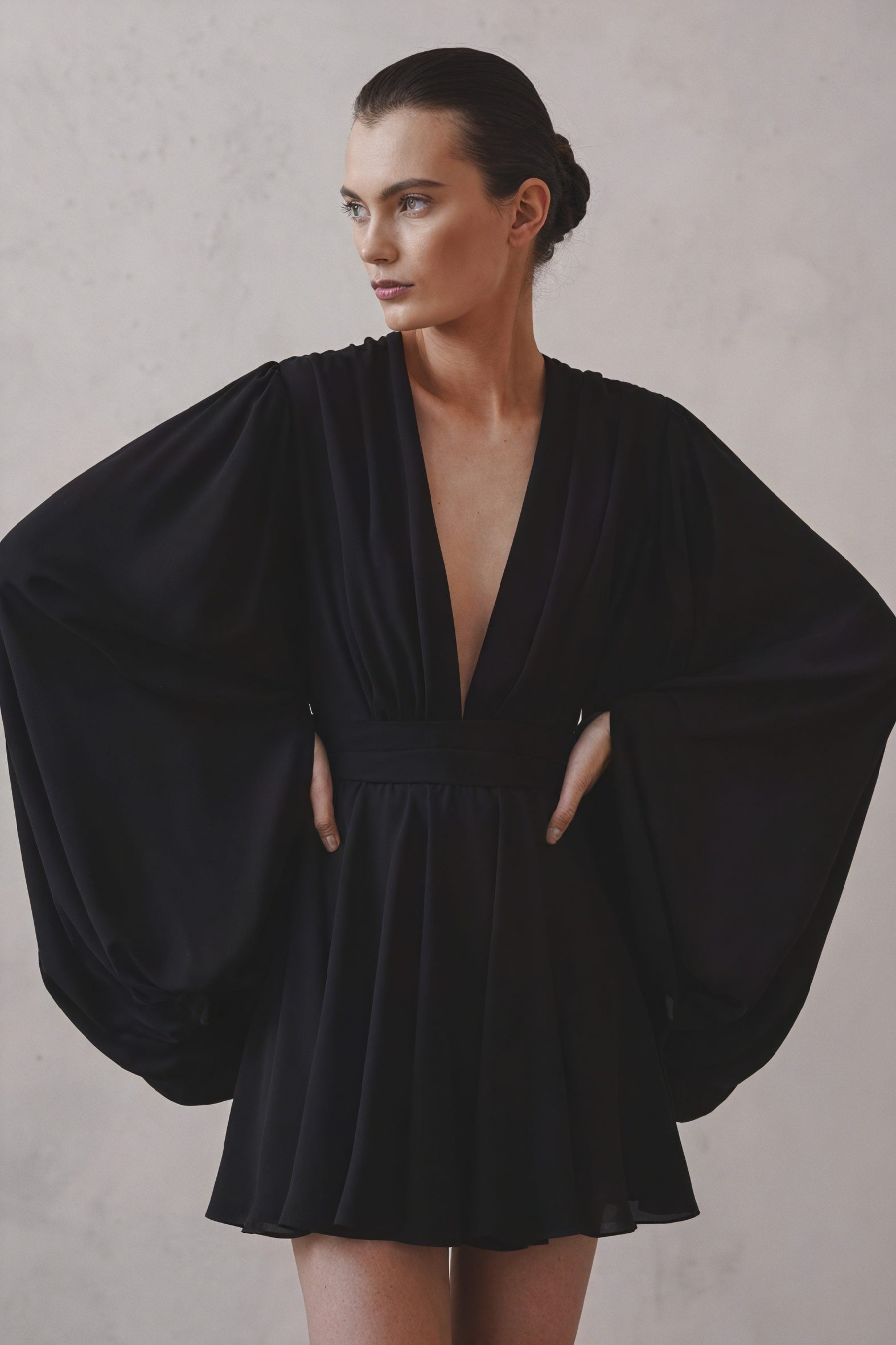 A-Line Party Dress - Plunging V-Neck, Balloon Sleeves