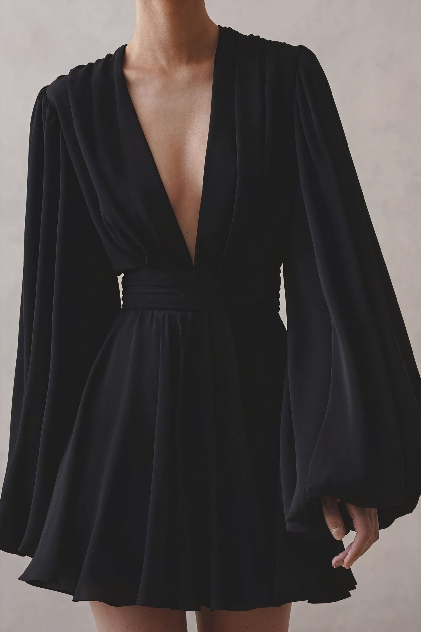 A-Line Party Dress - Plunging V-Neck, Balloon Sleeves