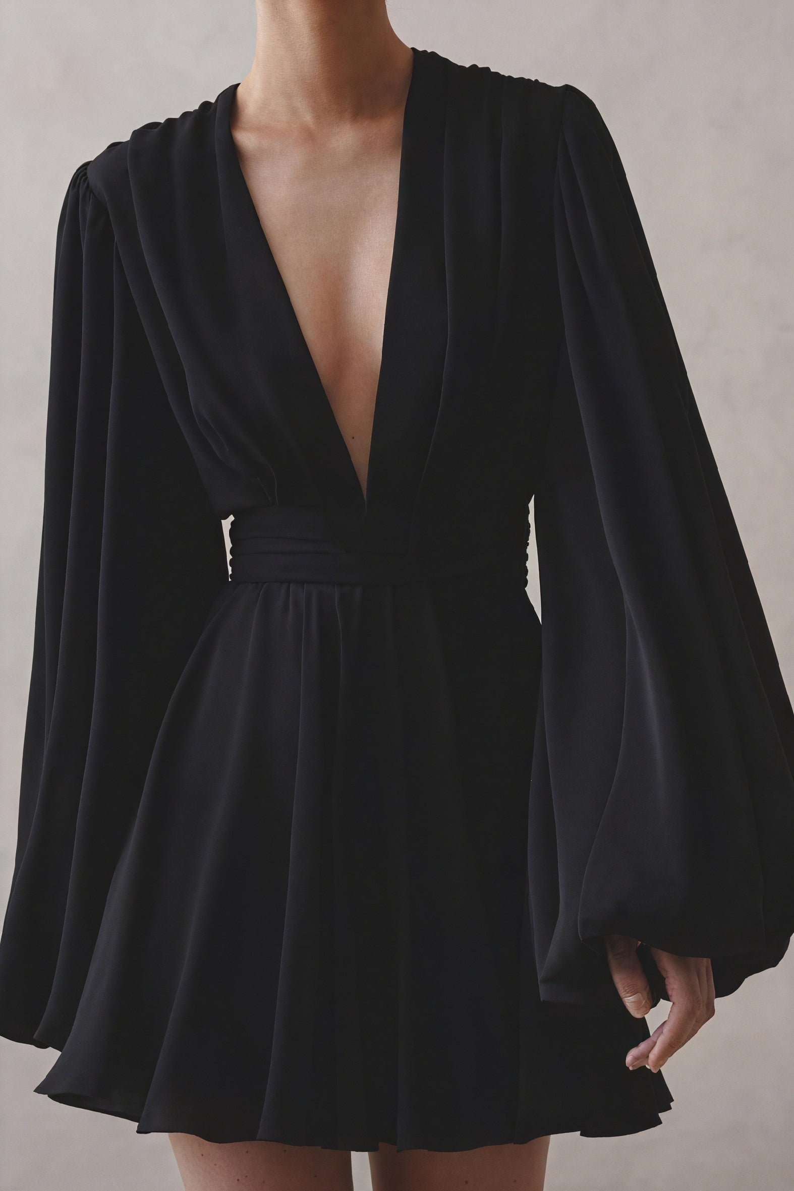 A-Line Party Dress - Plunging V-Neck, Balloon Sleeves