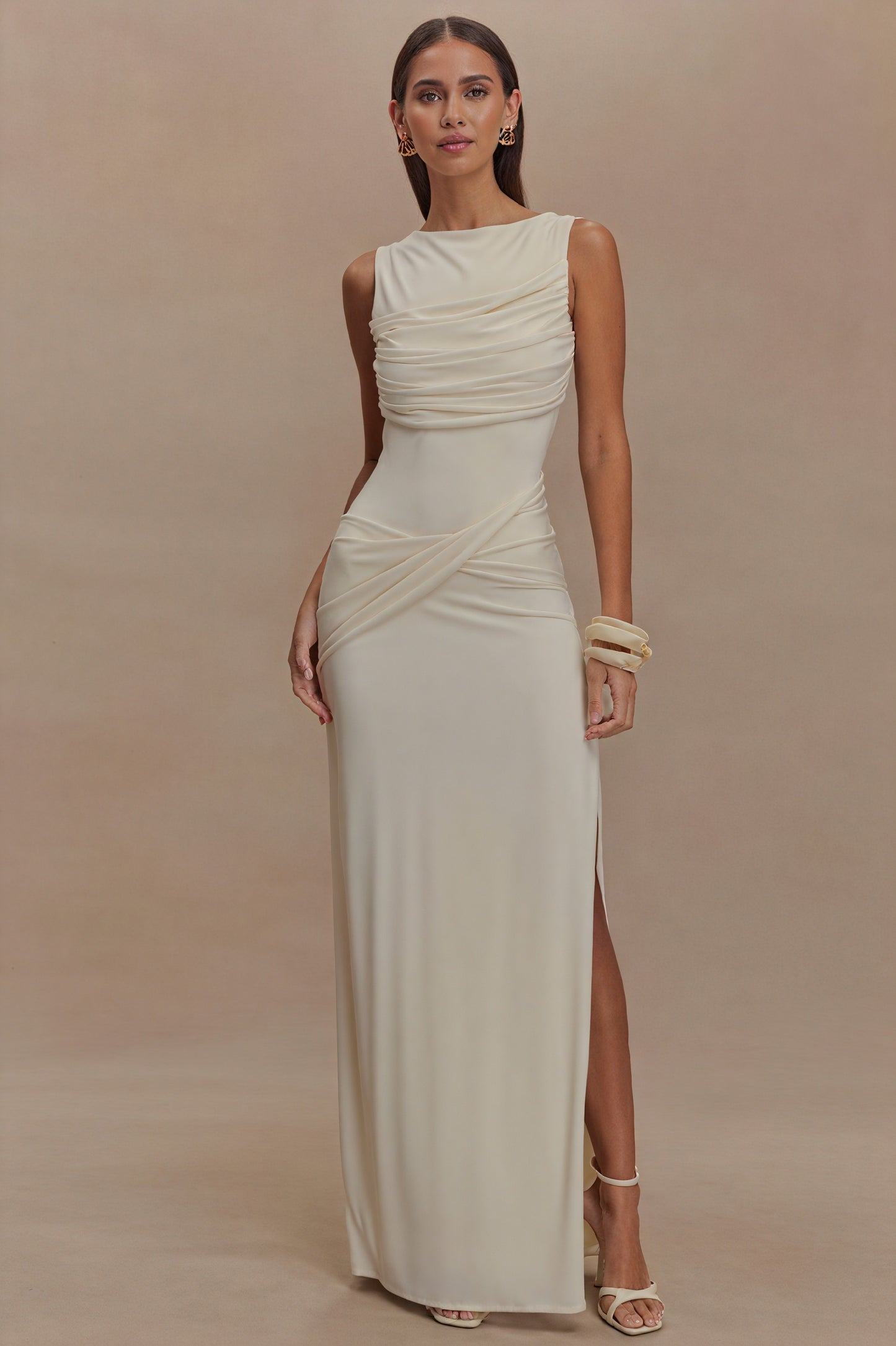 Sculpted Gown - Draped Neckline, High Slit