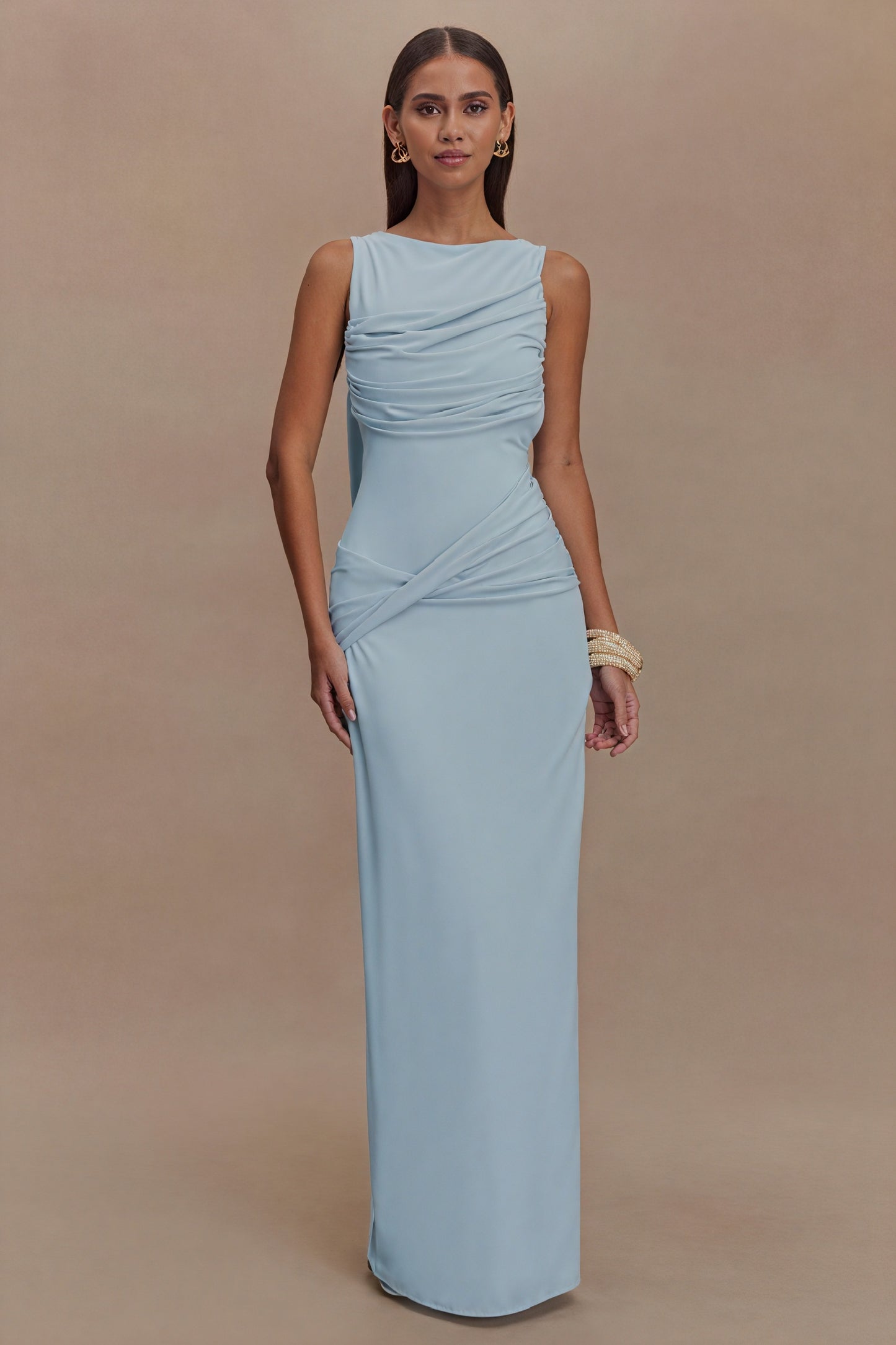 Sculpted Gown - Draped Neckline, High Slit