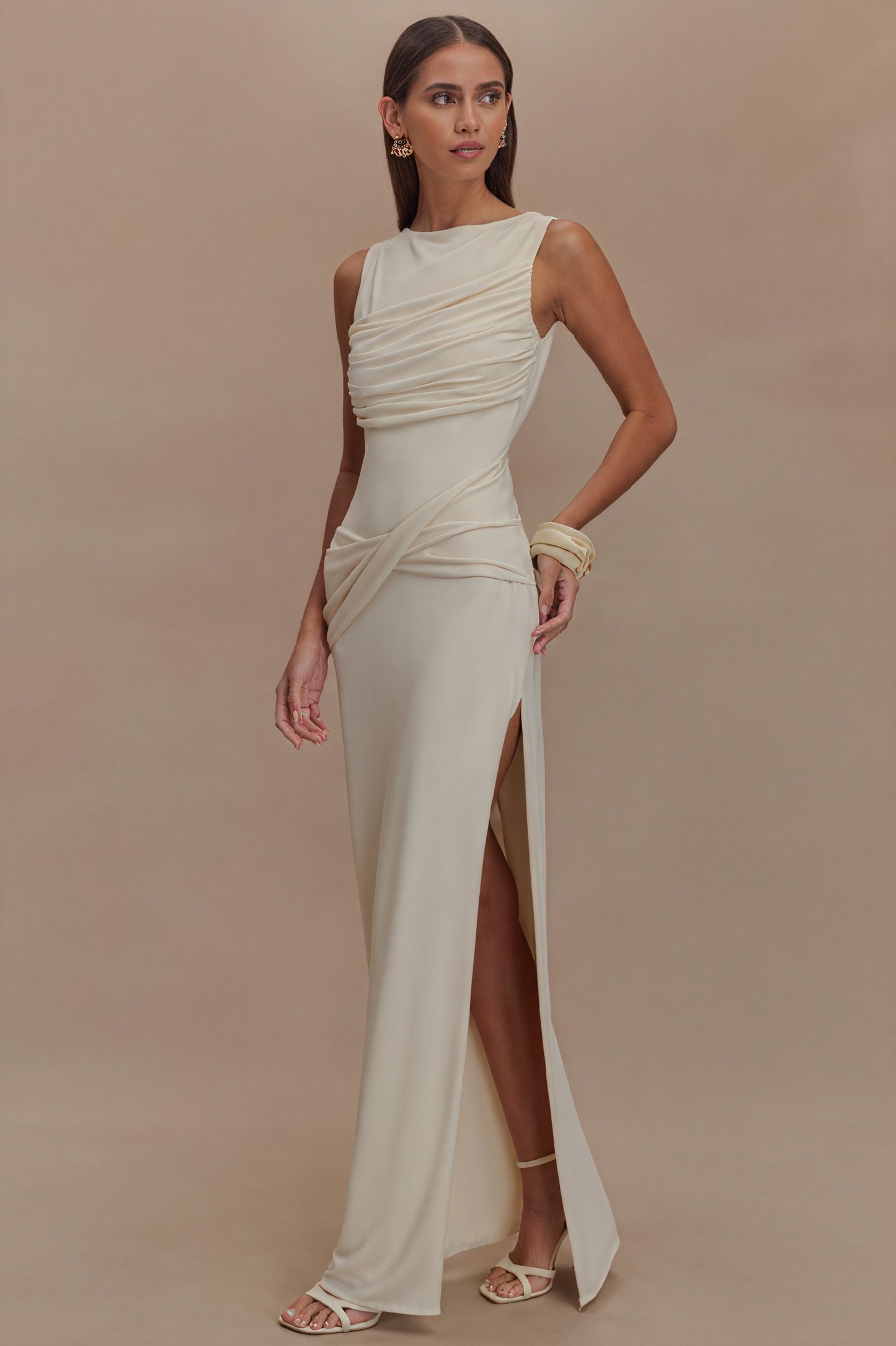 Sculpted Gown - Draped Neckline, High Slit