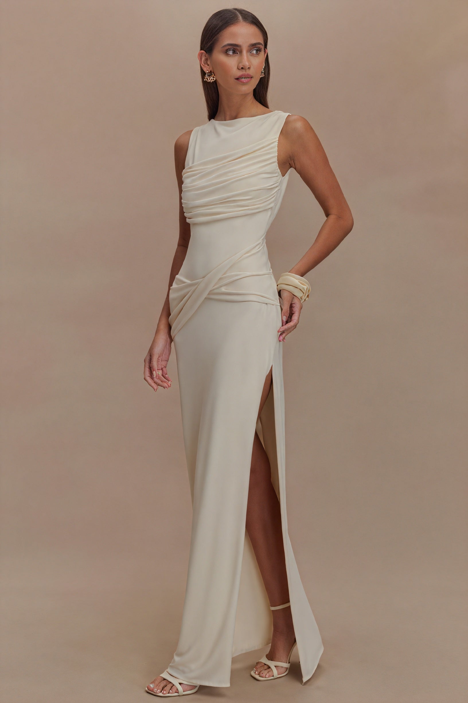 Sculpted Gown - Draped Neckline, High Slit