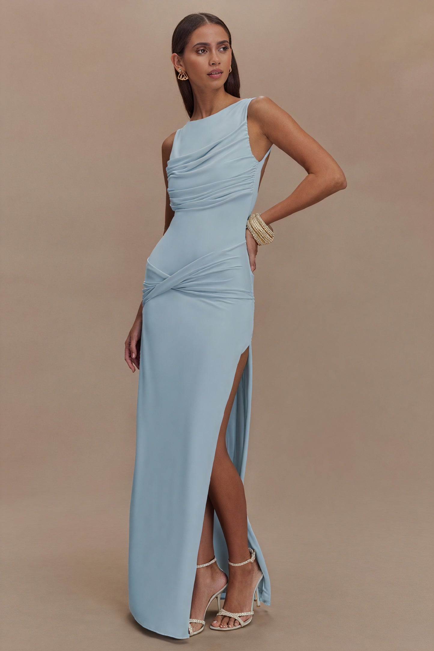 Sculpted Gown - Draped Neckline, High Slit