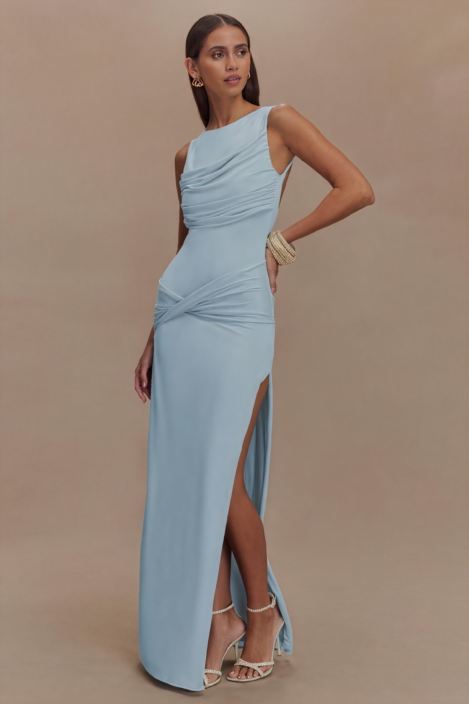 Sculpted Gown - Draped Neckline, High Slit