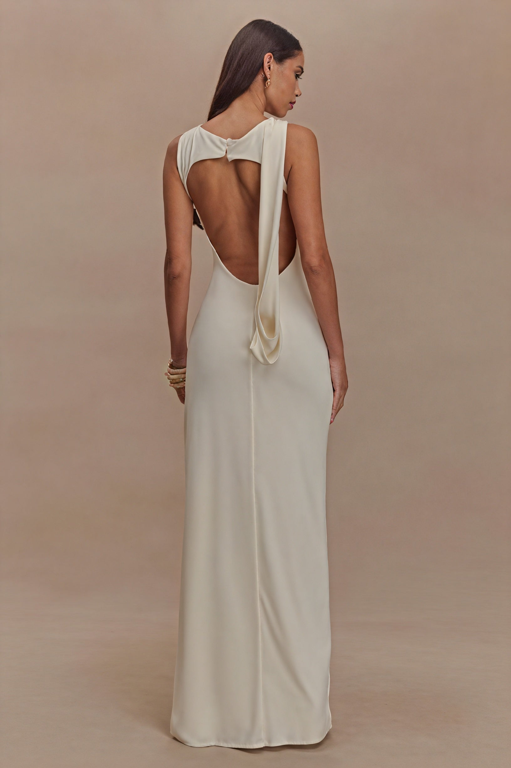 Sculpted Gown - Draped Neckline, High Slit
