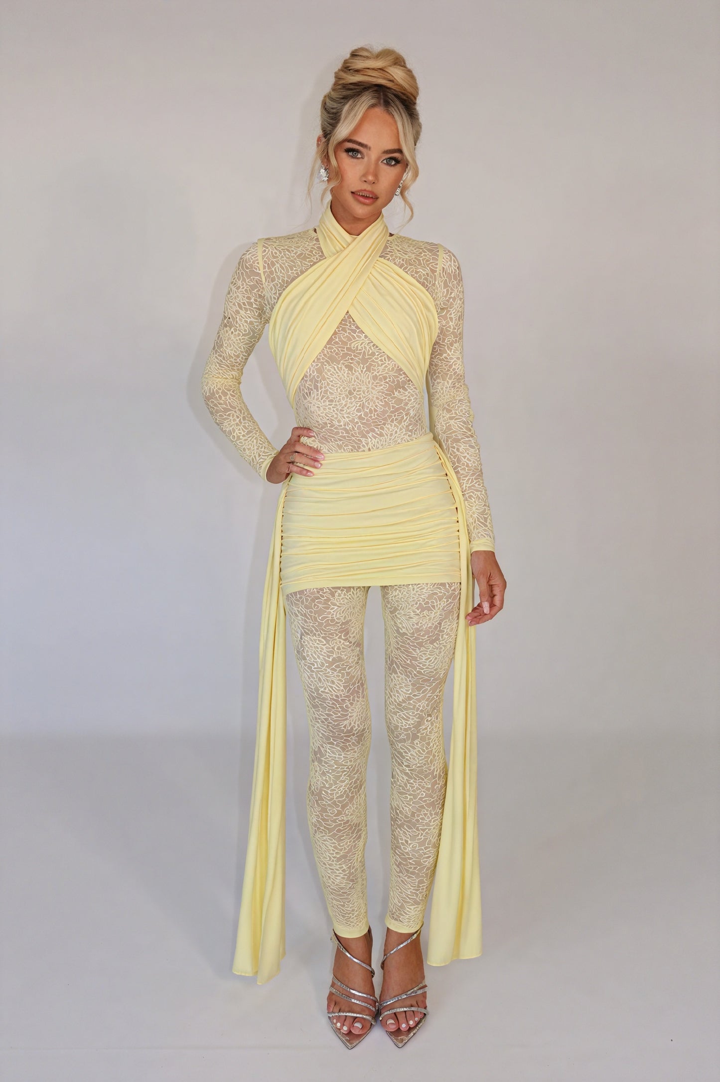 Sheer Lace Dress - Flowing Panels, Ruched Skirt