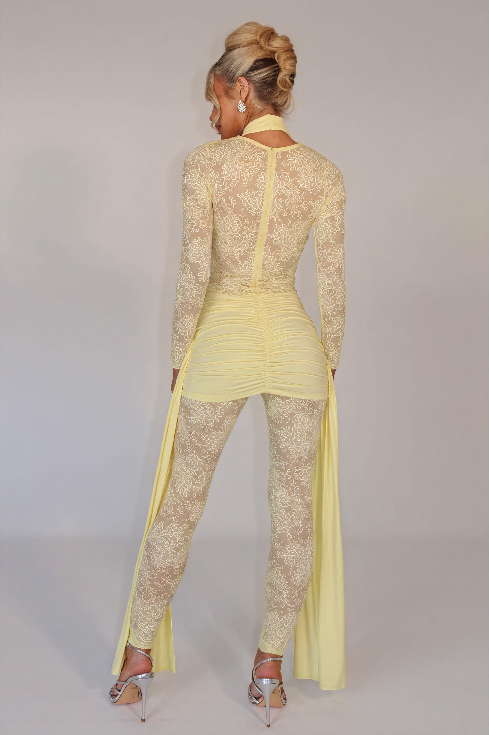 Sheer Lace Dress - Flowing Panels, Ruched Skirt