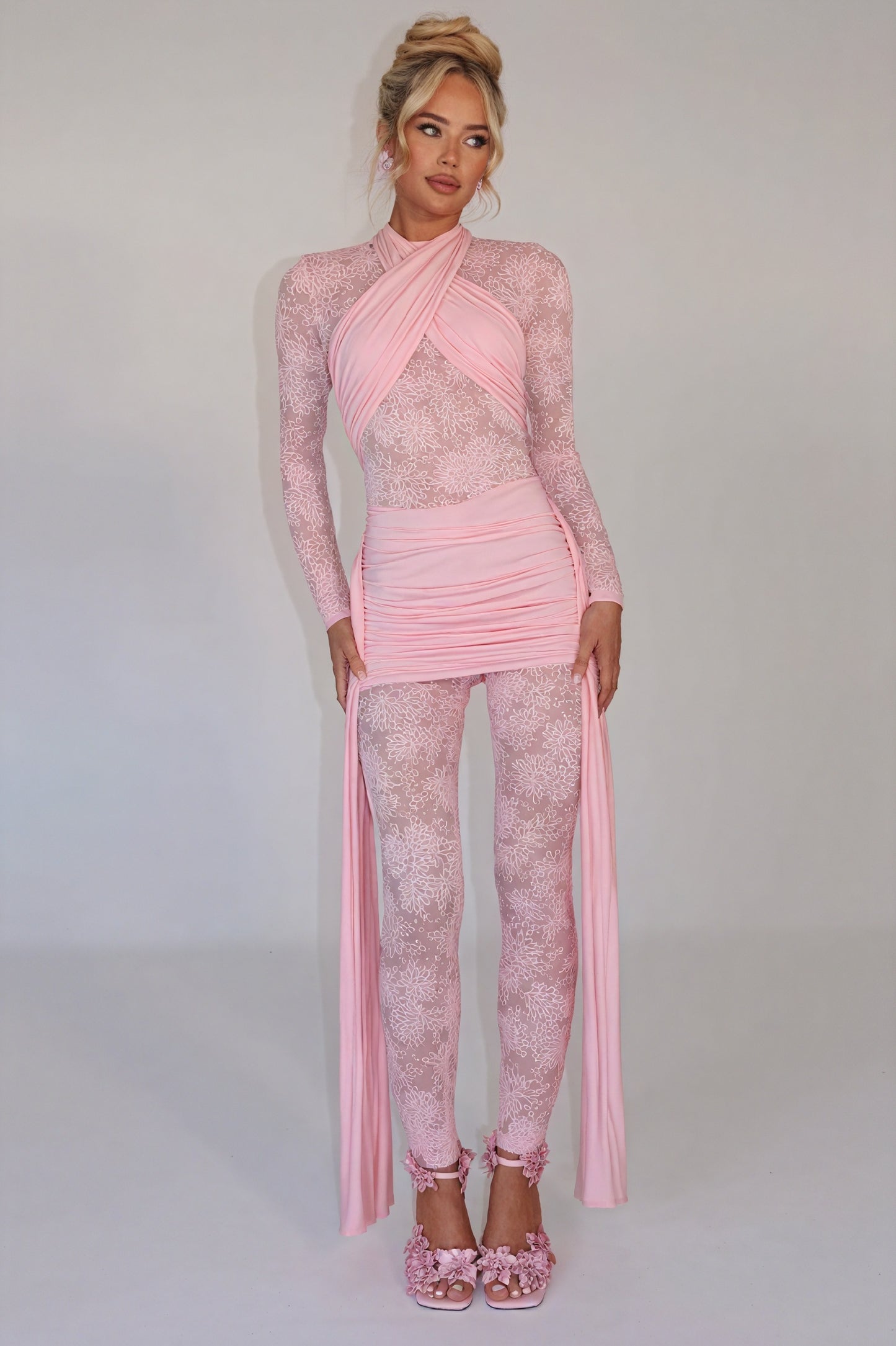 Sheer Lace Dress - Flowing Panels, Ruched Skirt