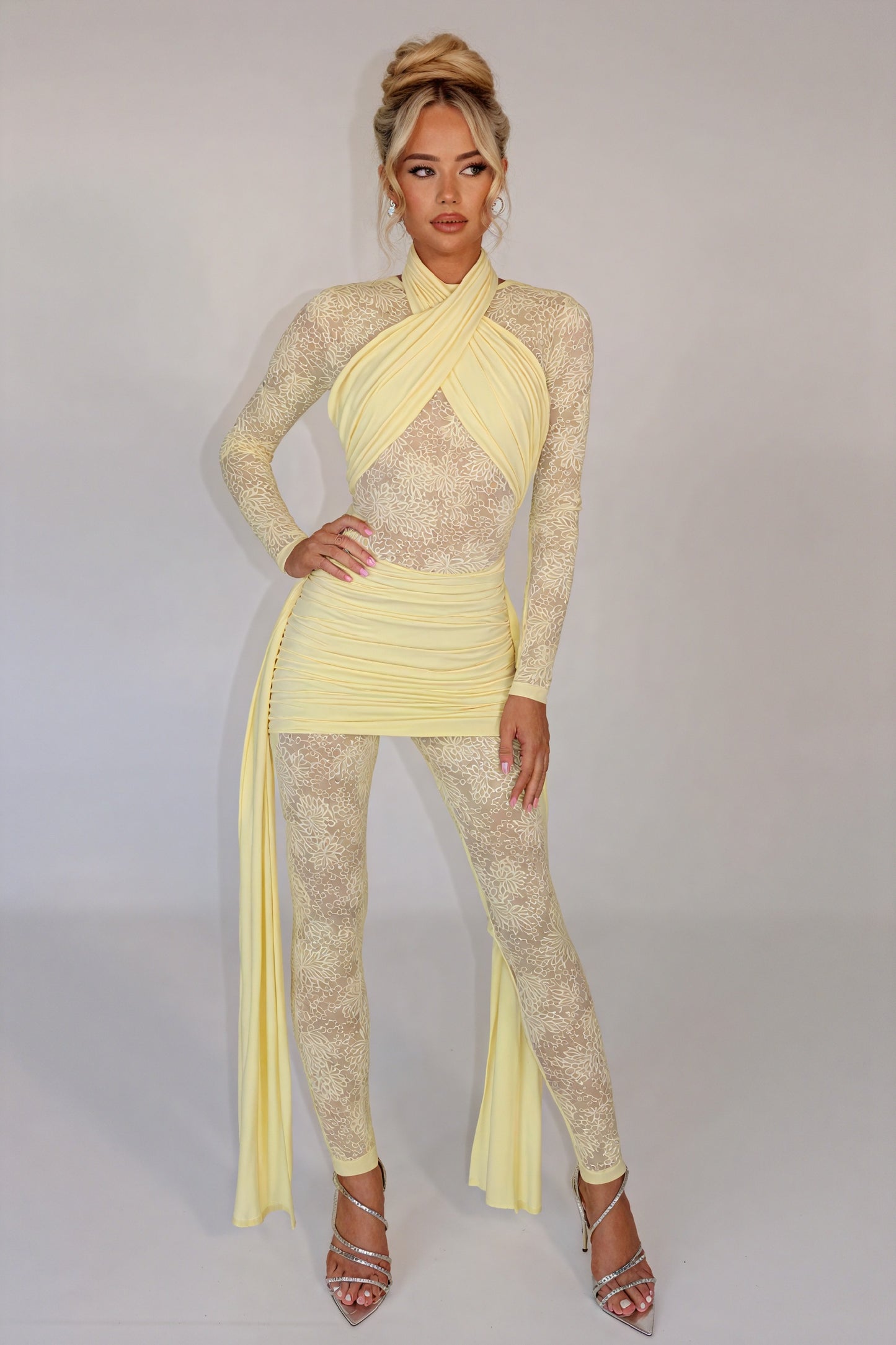 Sheer Lace Dress - Flowing Panels, Ruched Skirt