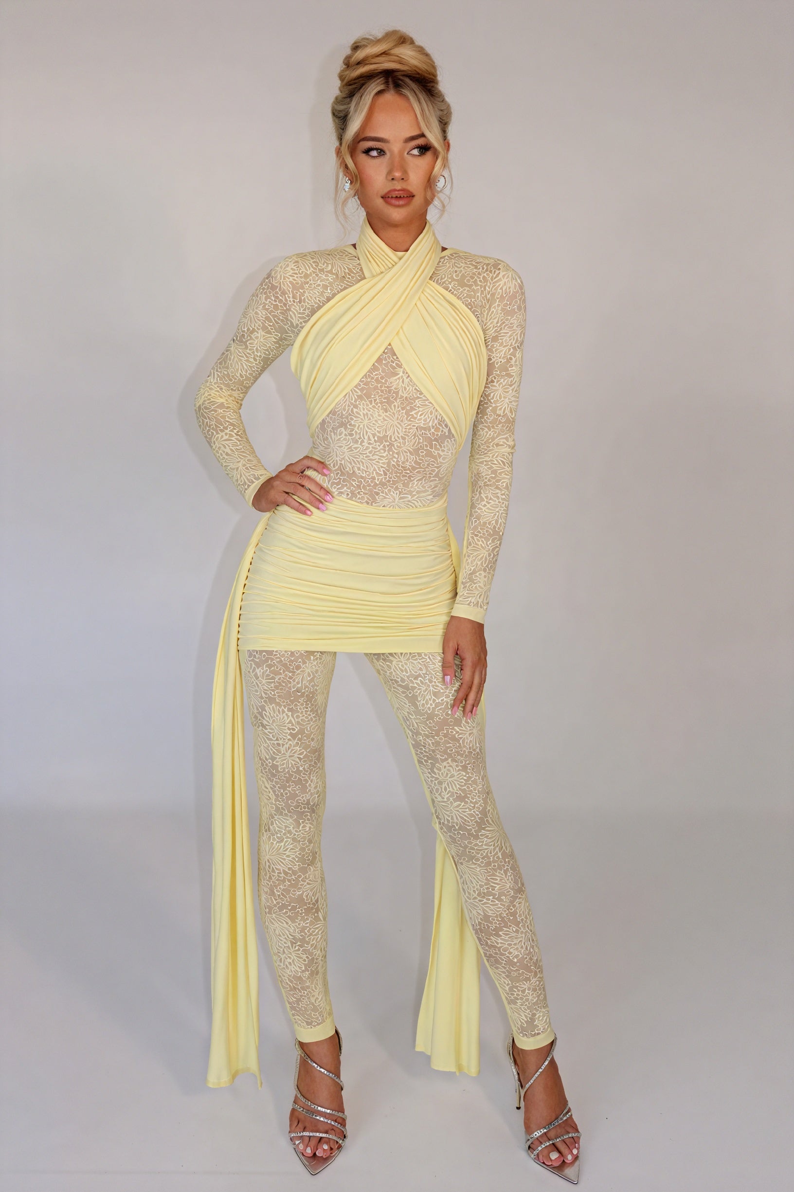 Sheer Lace Dress - Flowing Panels, Ruched Skirt