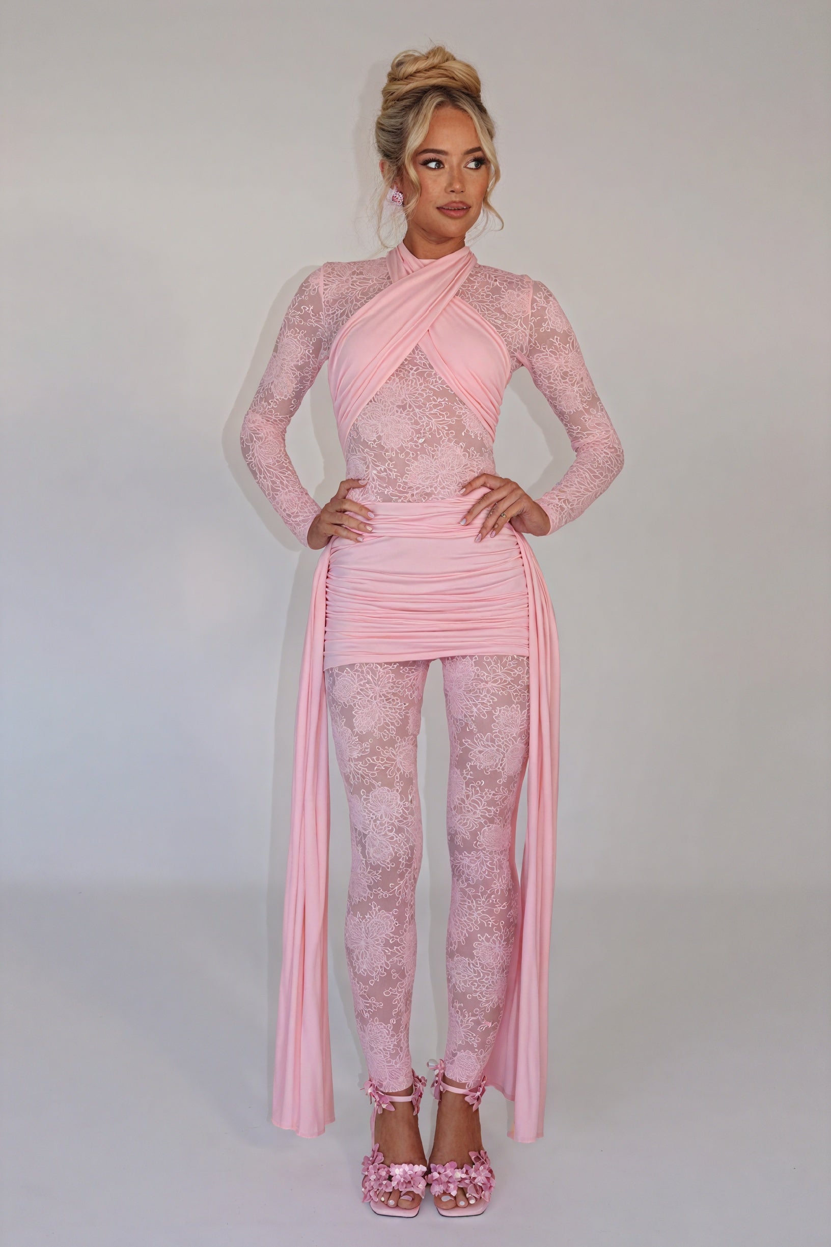 Sheer Lace Dress - Flowing Panels, Ruched Skirt