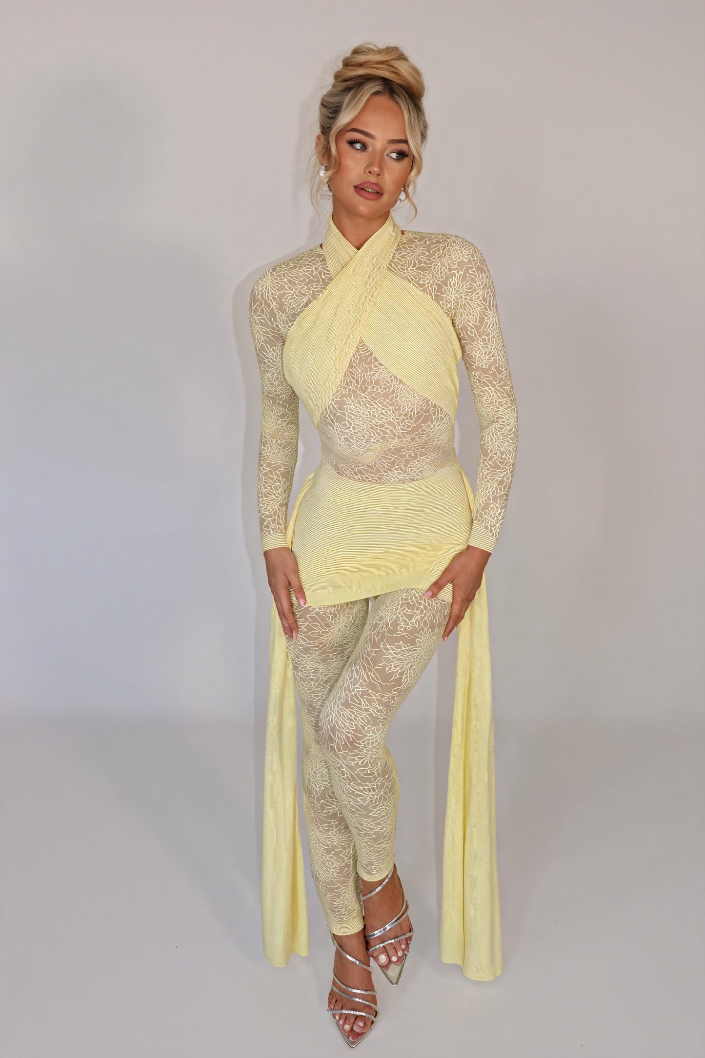 Sheer Lace Dress - Flowing Panels, Ruched Skirt