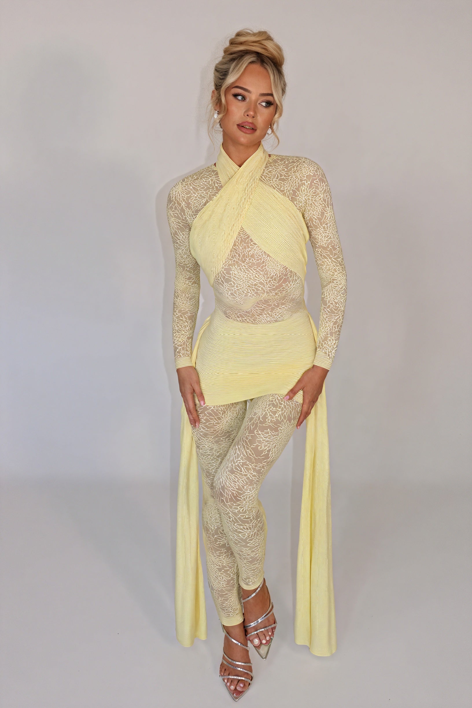 Sheer Lace Dress - Flowing Panels, Ruched Skirt