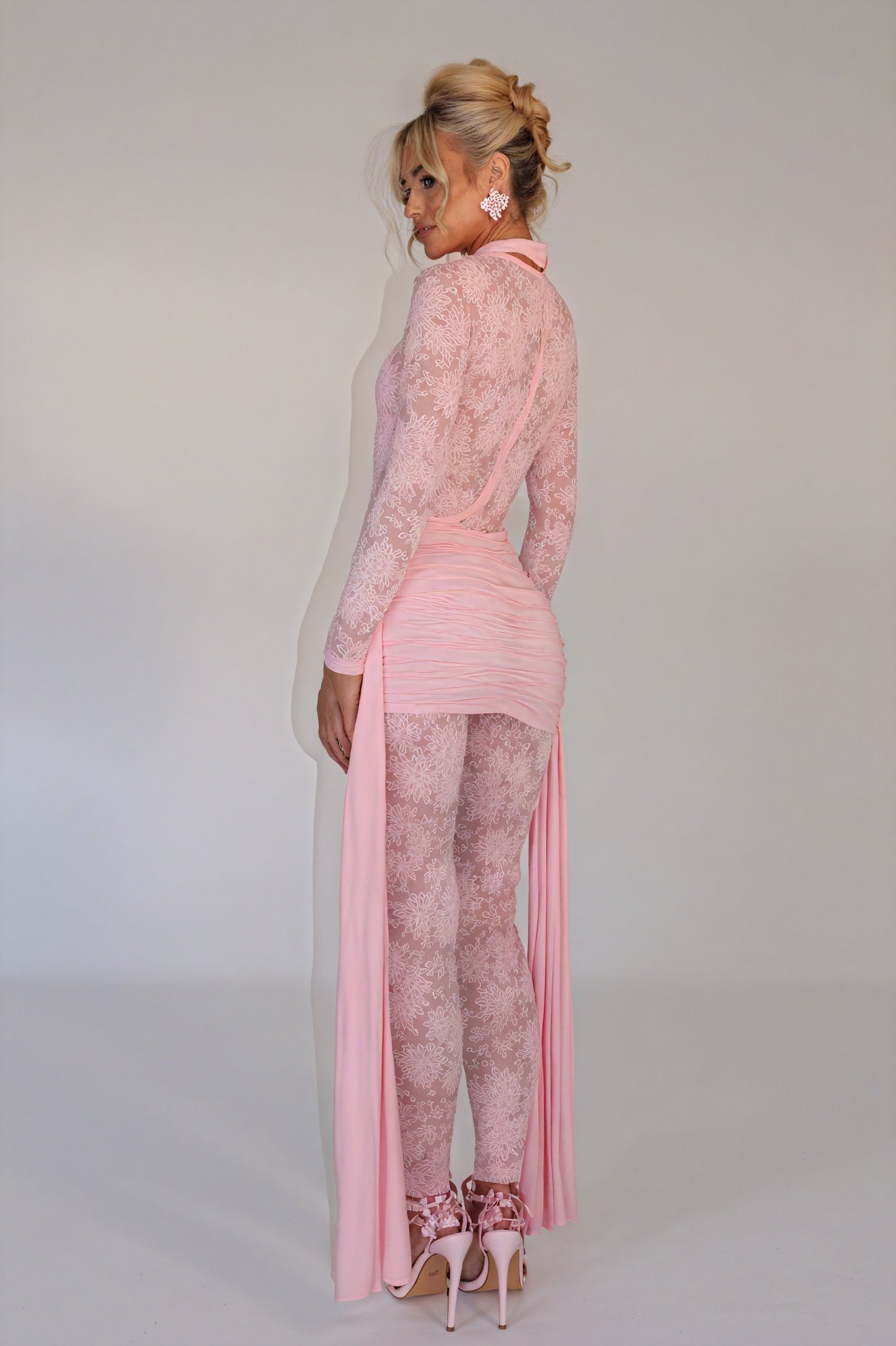 Sheer Lace Dress - Flowing Panels, Ruched Skirt