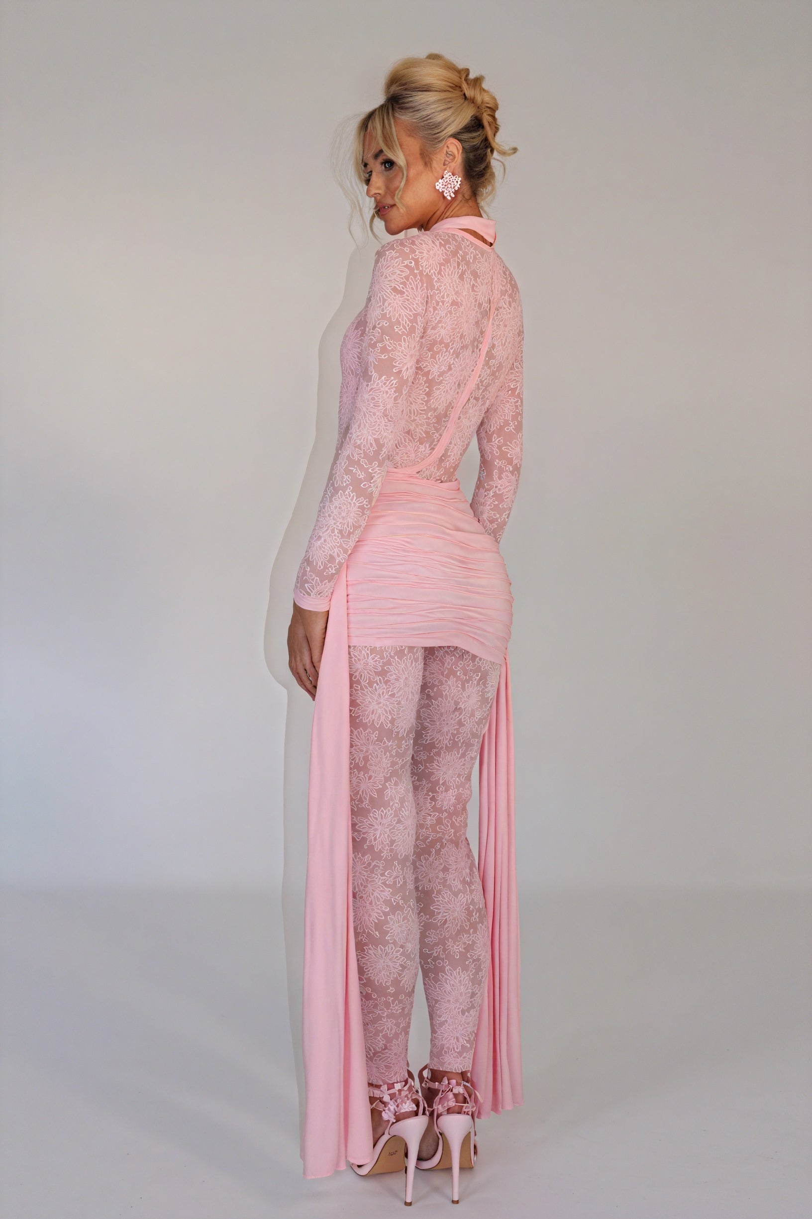 Sheer Lace Dress - Flowing Panels, Ruched Skirt