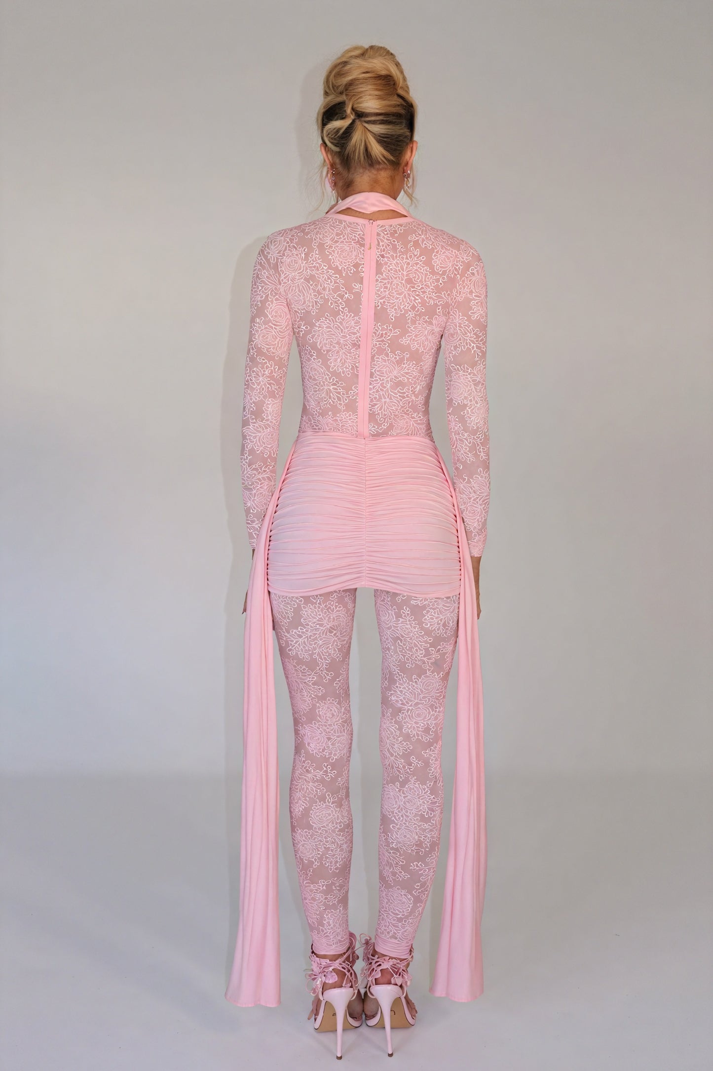 Sheer Lace Dress - Flowing Panels, Ruched Skirt