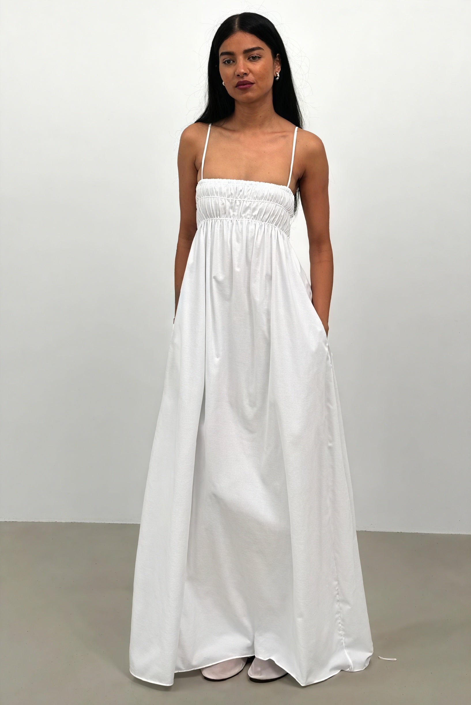 White Maxi Dress - Square Neck & Side Pockets