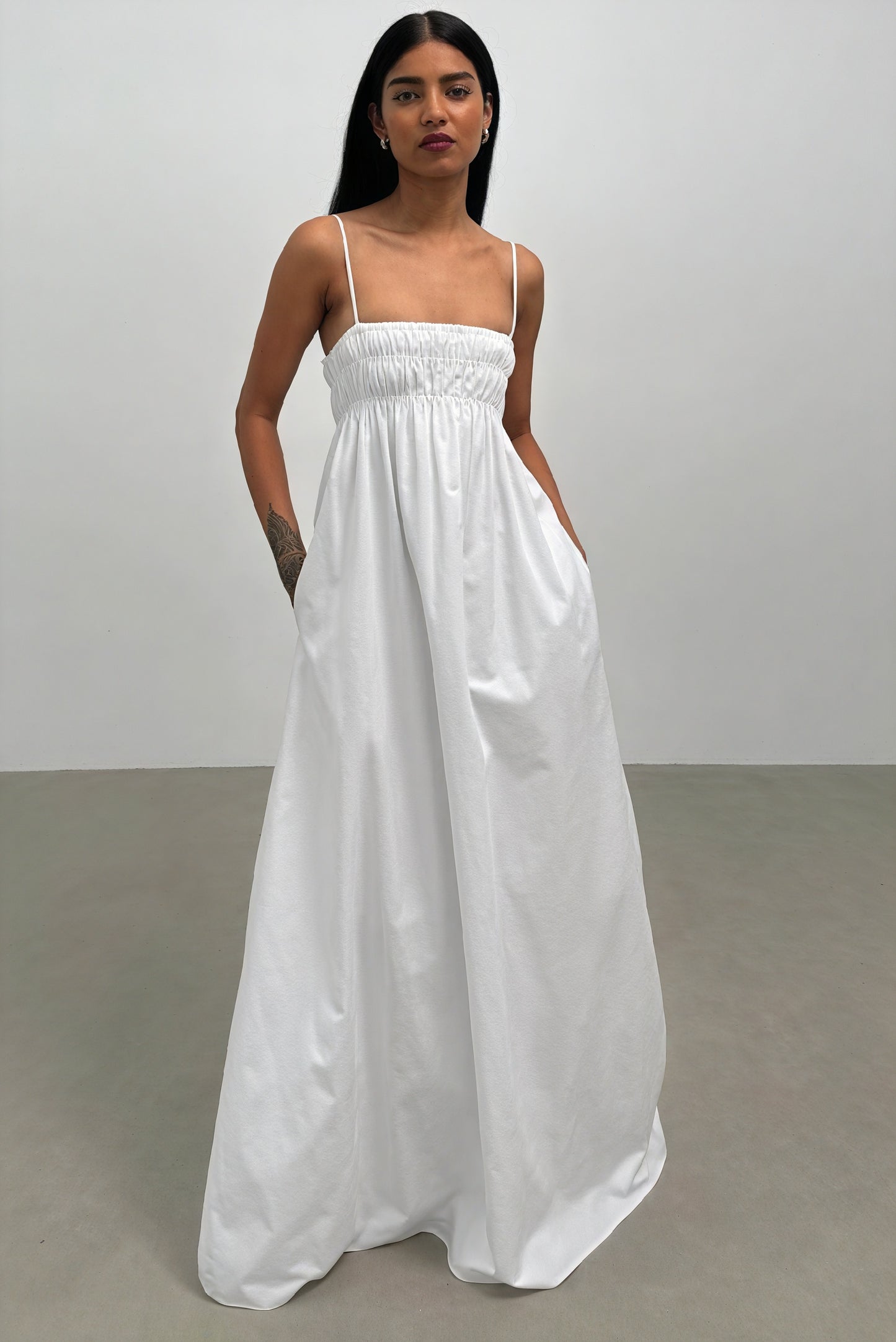 White Maxi Dress - Square Neck & Side Pockets