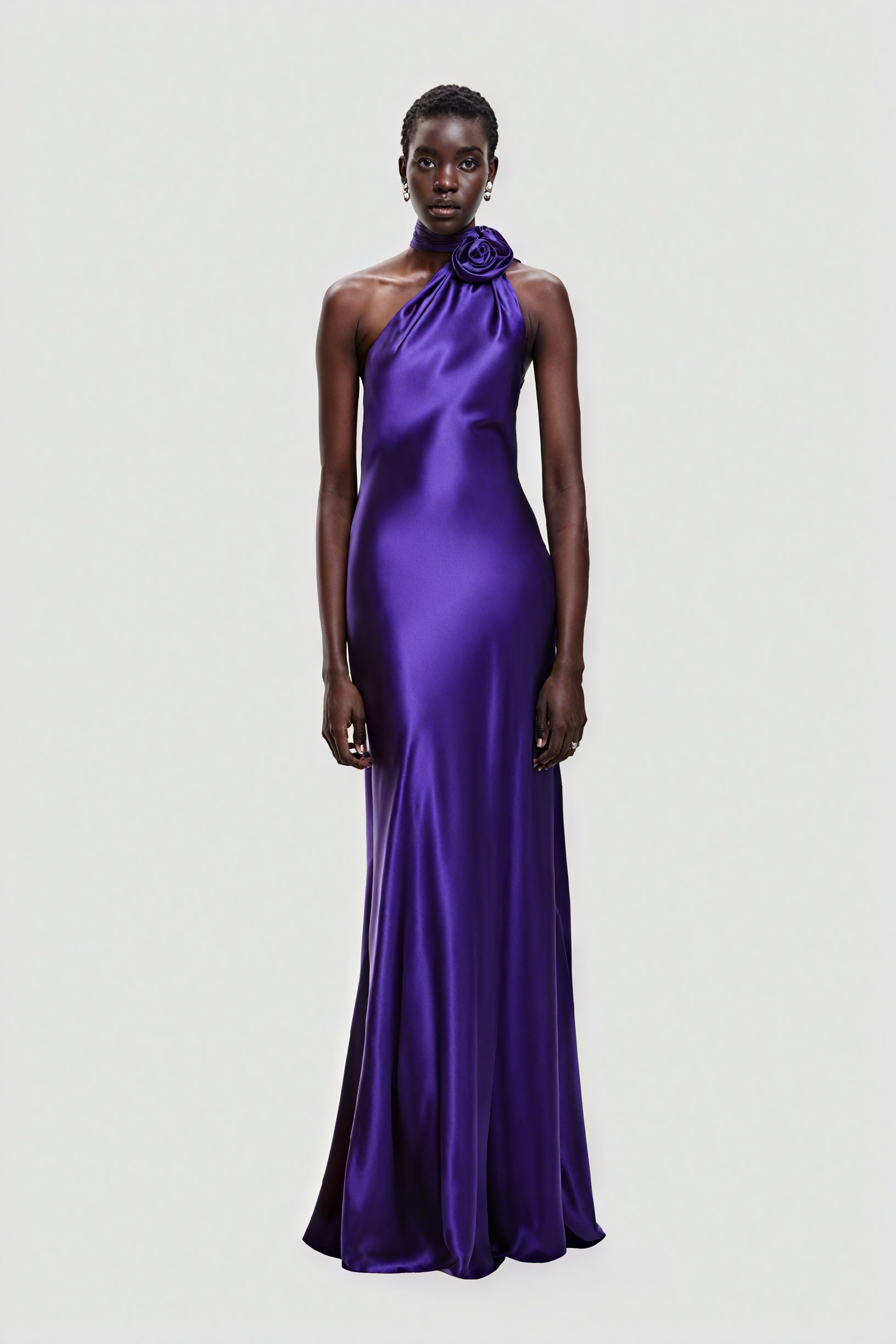 One-Shoulder Satin Evening Gown with Rose