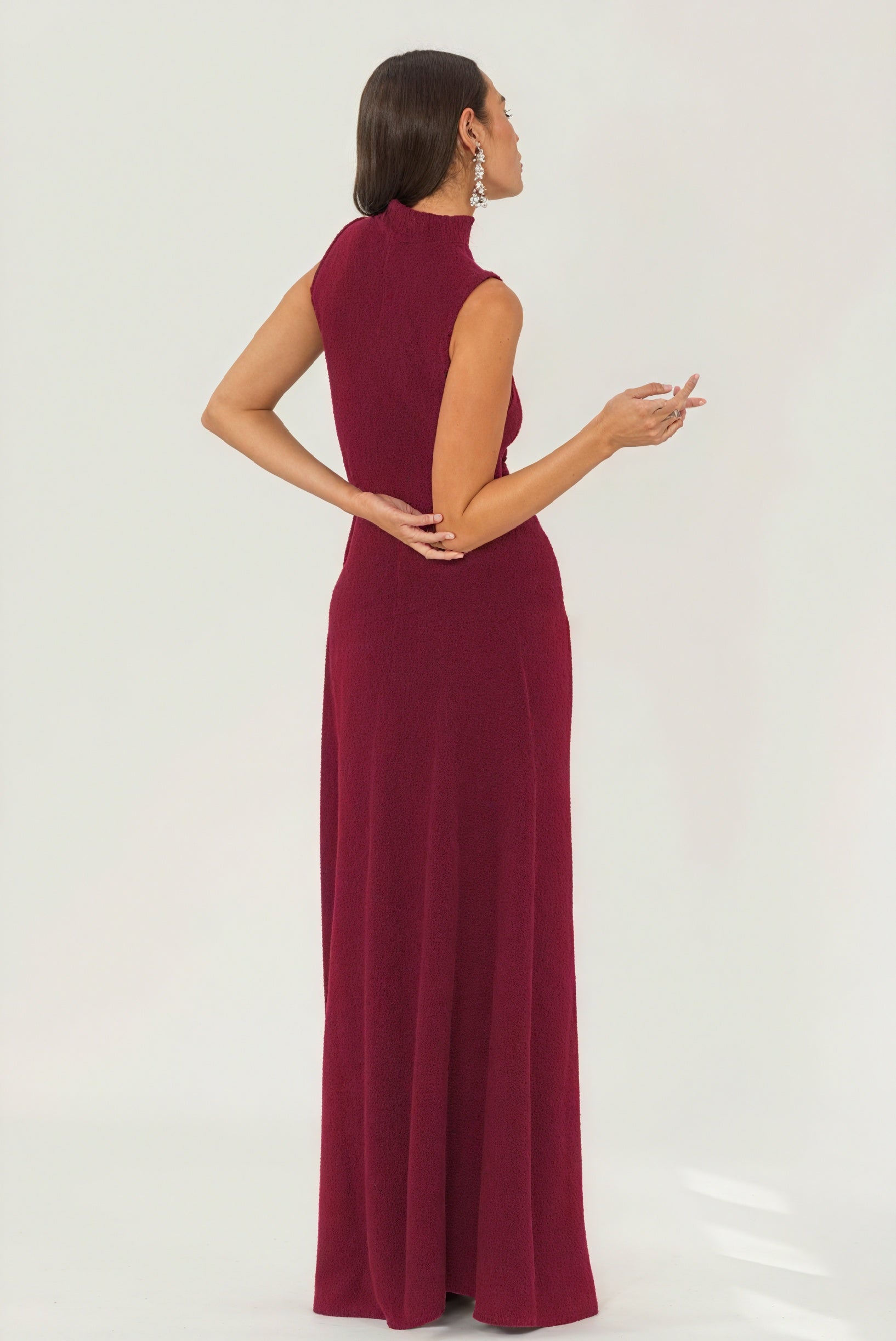 Floor-Length Drape Dress - Sleeveless Mock Neck