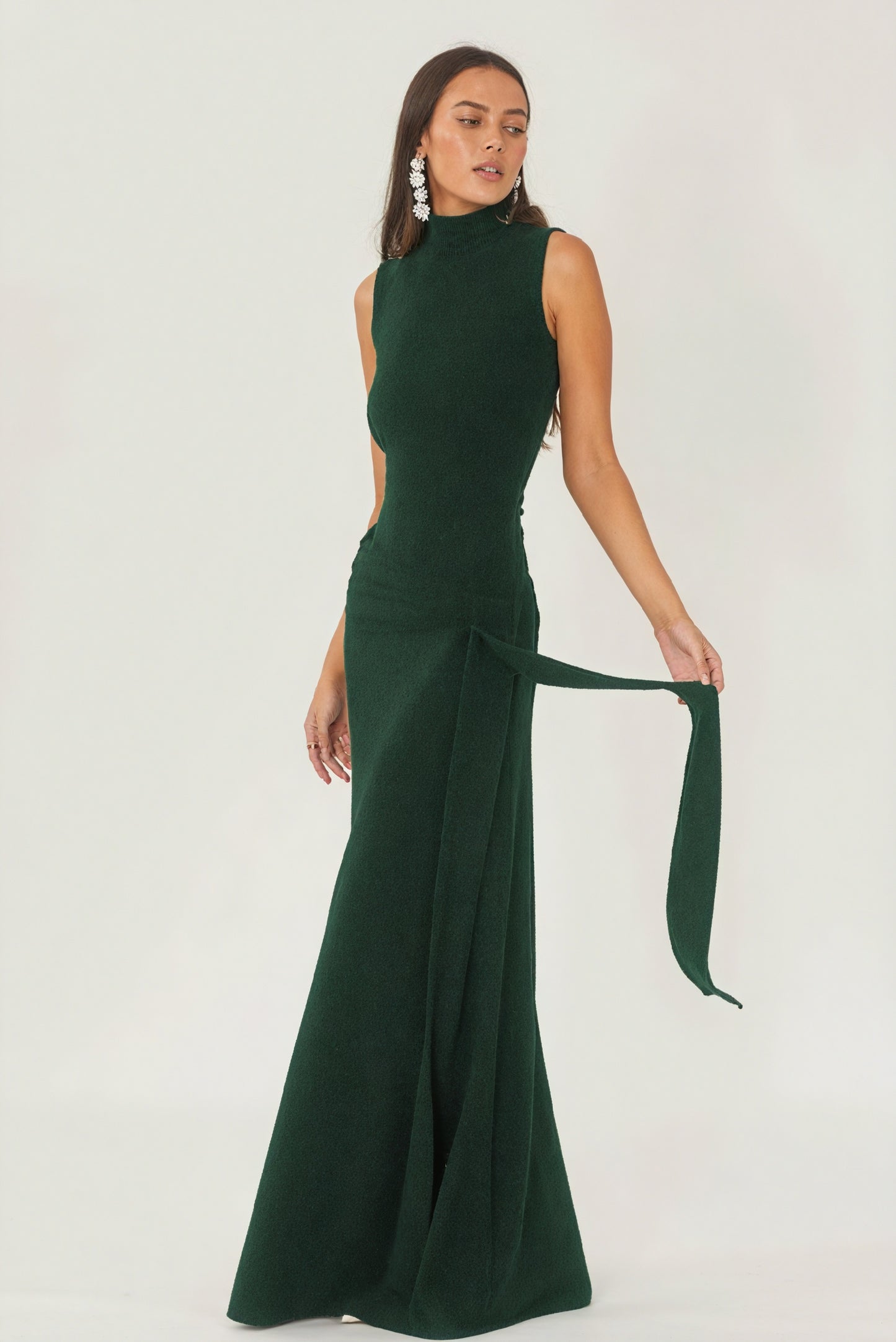 Floor-Length Drape Dress - Sleeveless Mock Neck