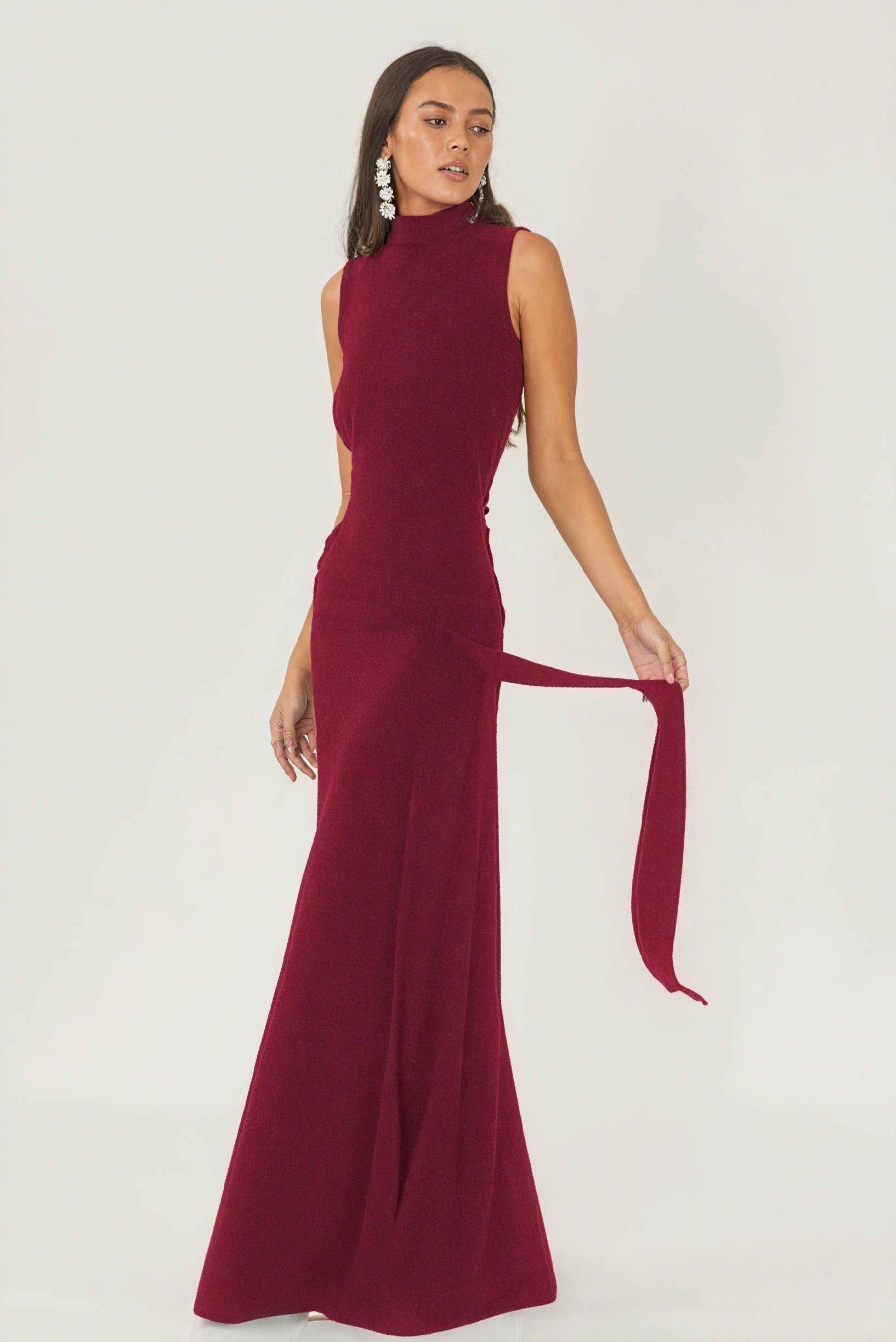Floor-Length Drape Dress - Sleeveless Mock Neck
