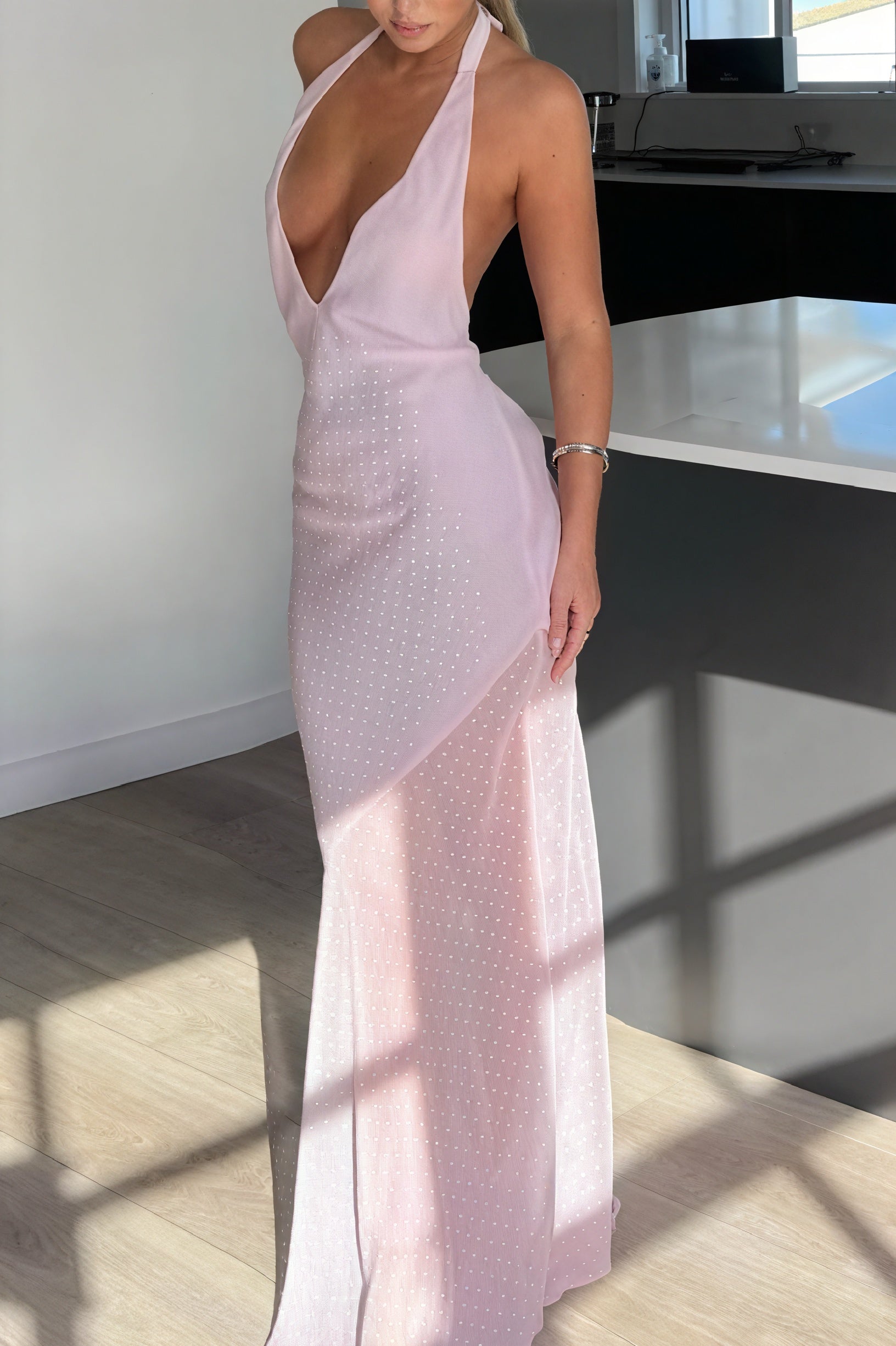 Floral Halter Gown with Wrap Skirt