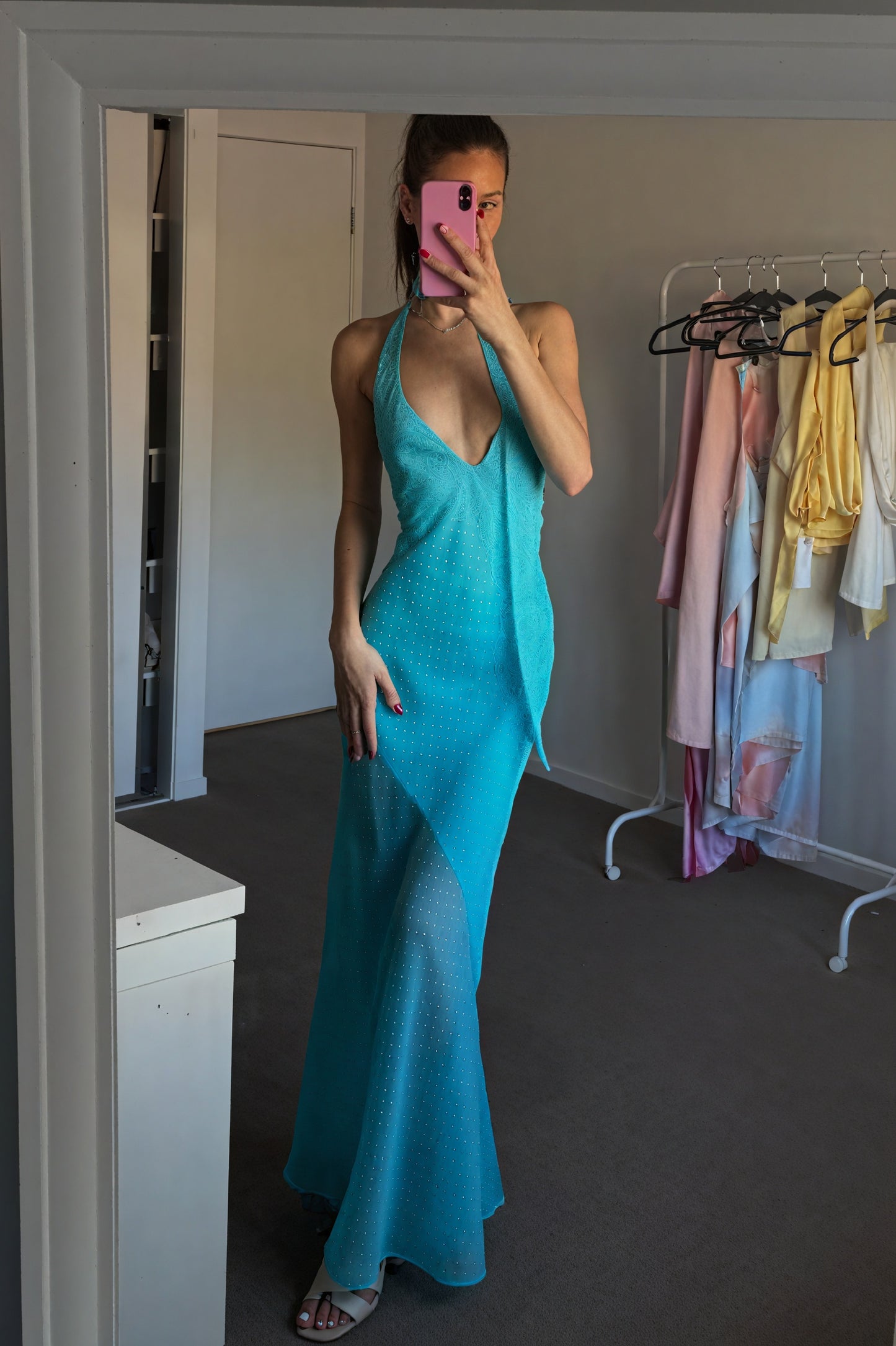 Floral Halter Gown with Wrap Skirt