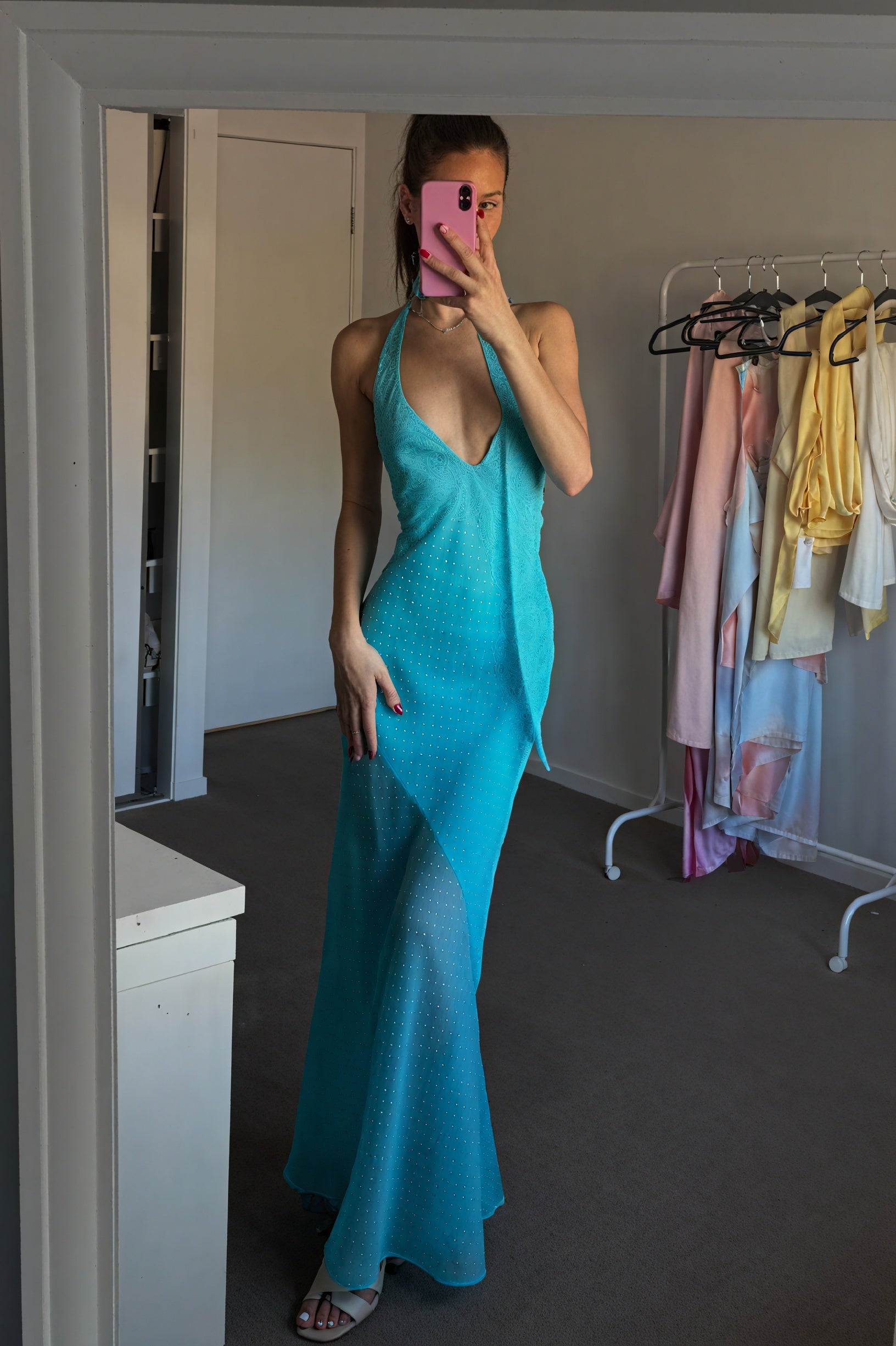 Floral Halter Gown with Wrap Skirt