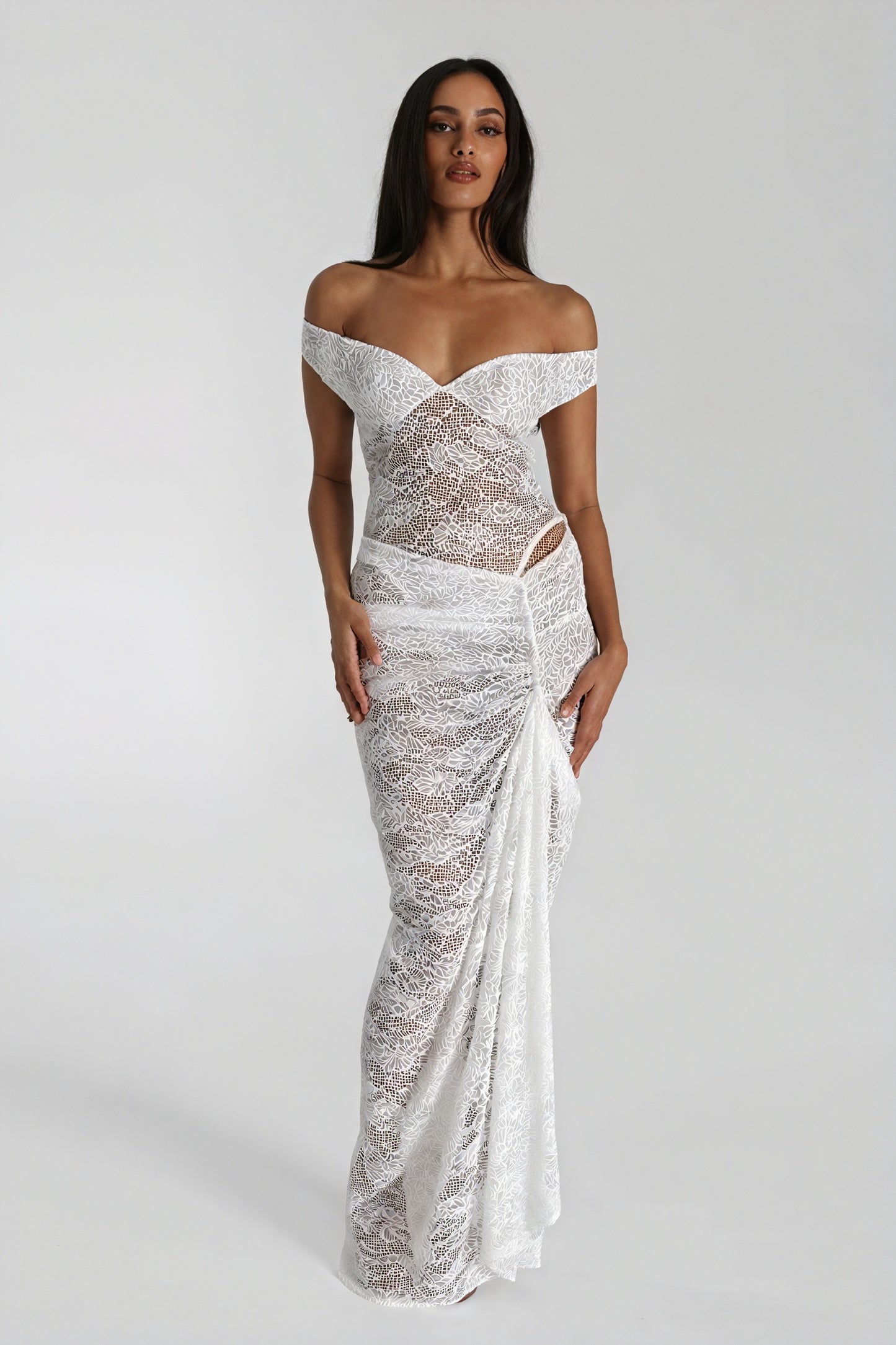 Lace Maxi Dress - Draped Skirt, Floor-Length