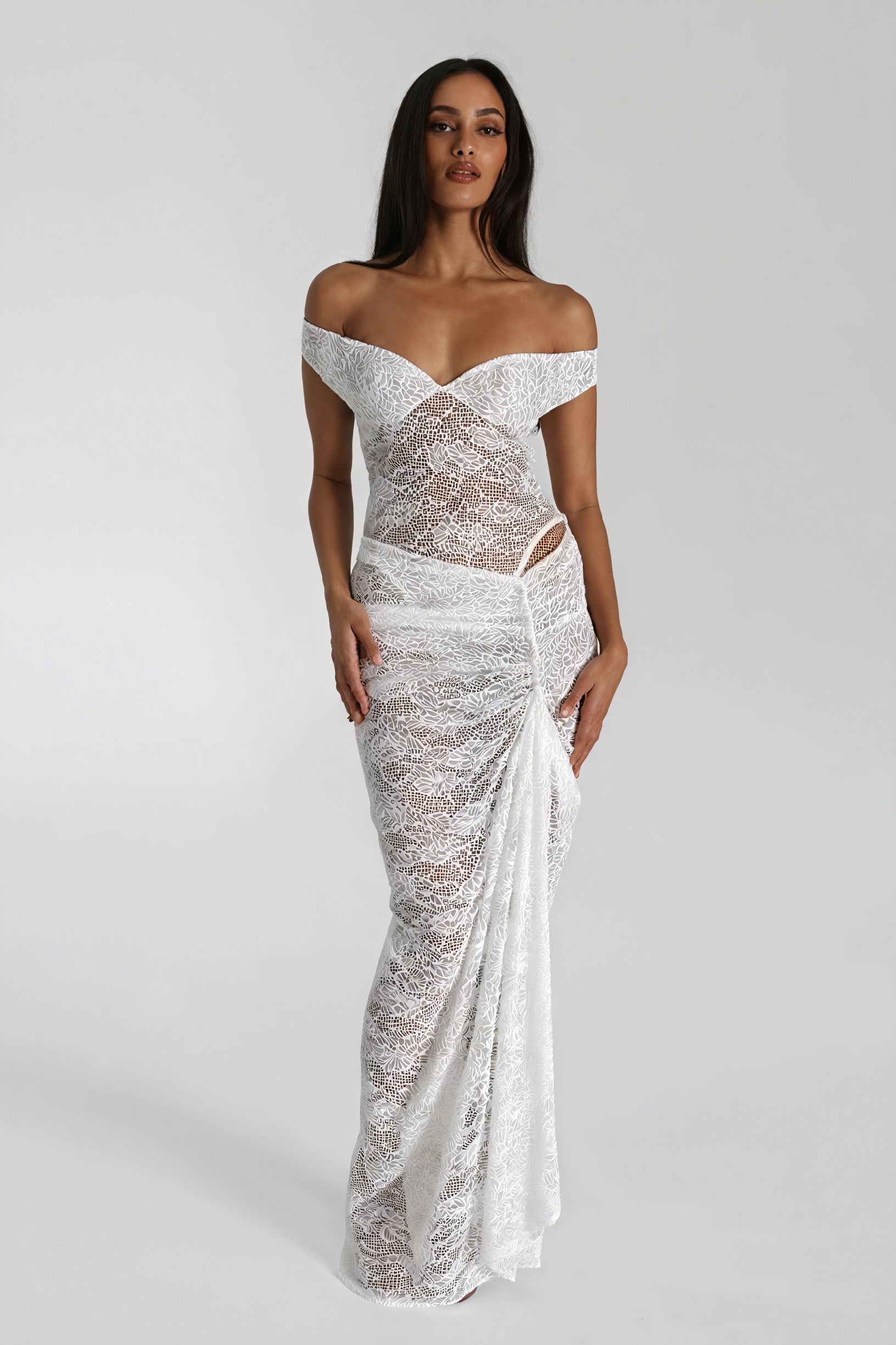 Lace Maxi Dress - Draped Skirt, Floor-Length