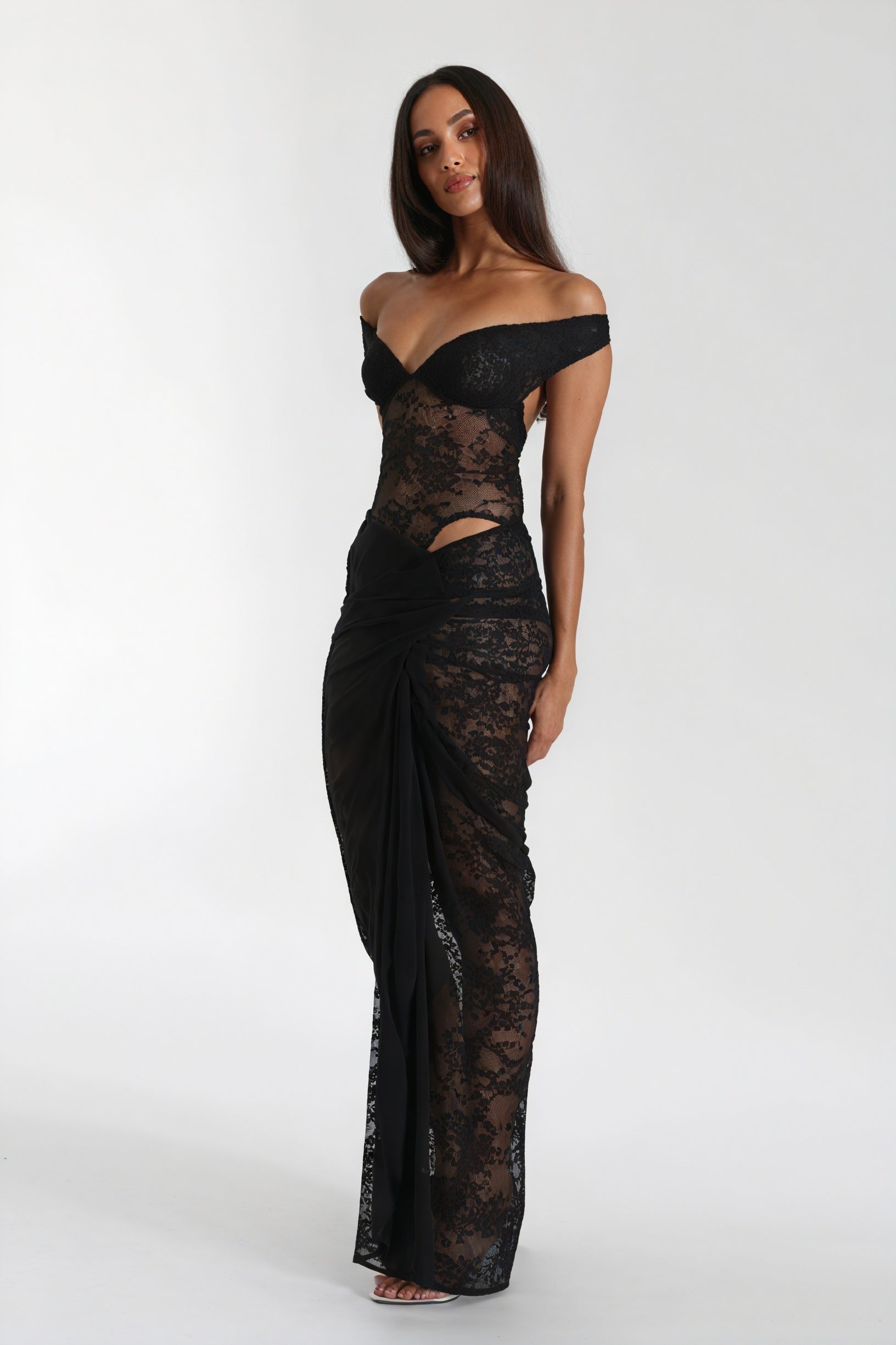 Lace Maxi Dress - Draped Skirt, Floor-Length