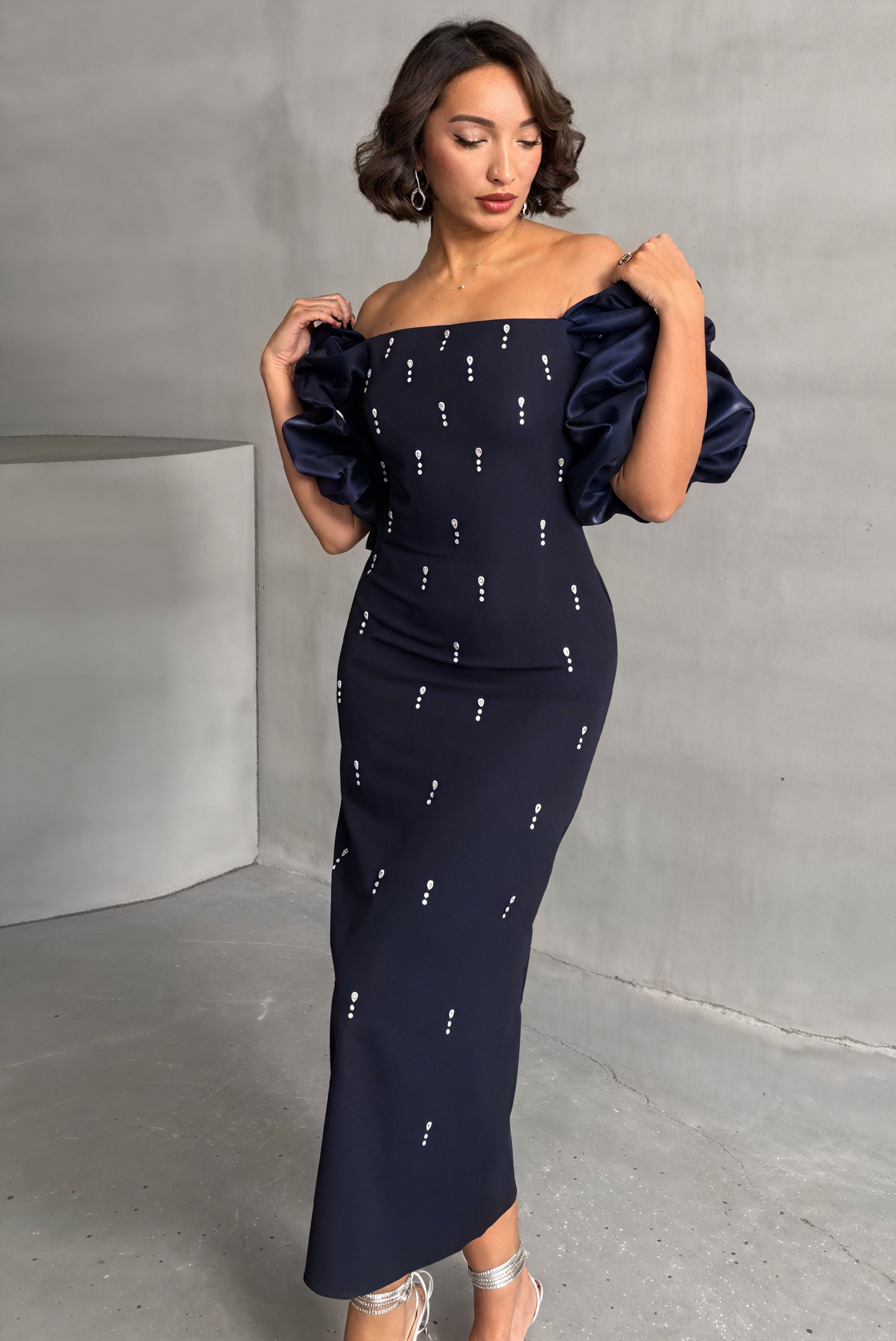 Sculpted Midi Dress with Statement Sleeves