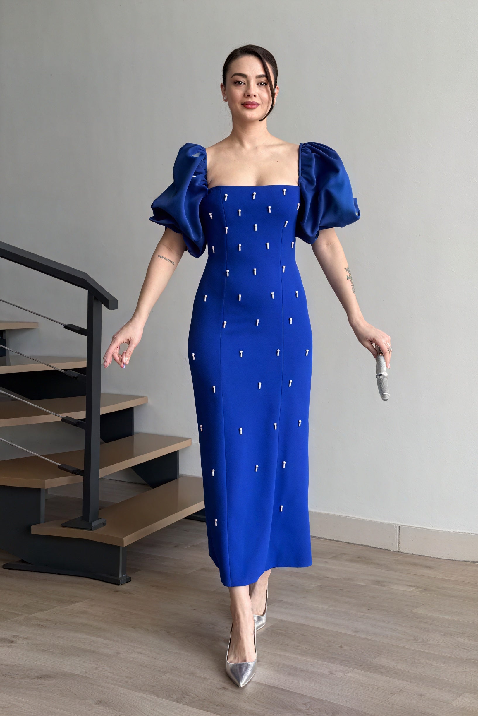 Sculpted Midi Dress with Statement Sleeves