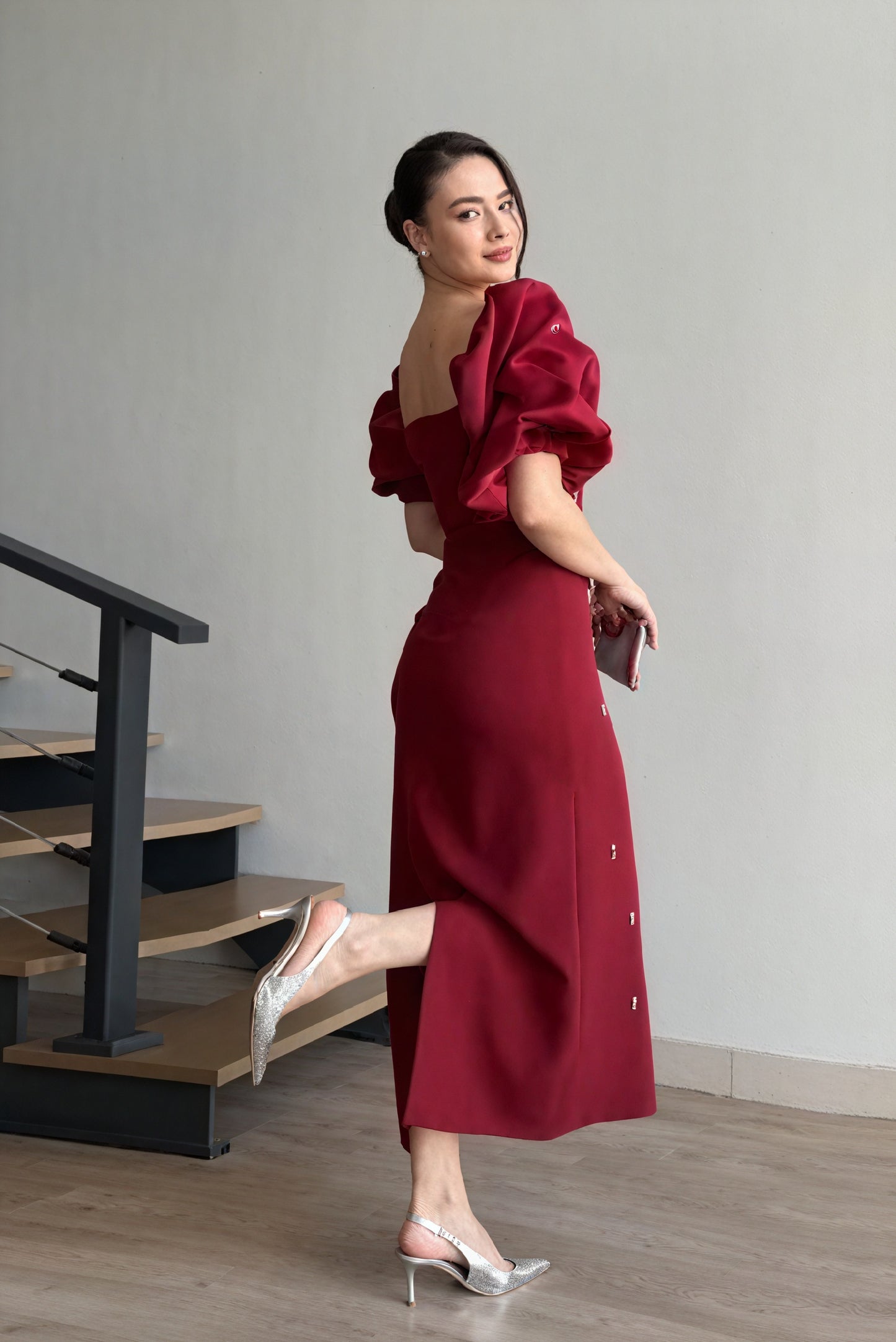 Sculpted Midi Dress with Statement Sleeves