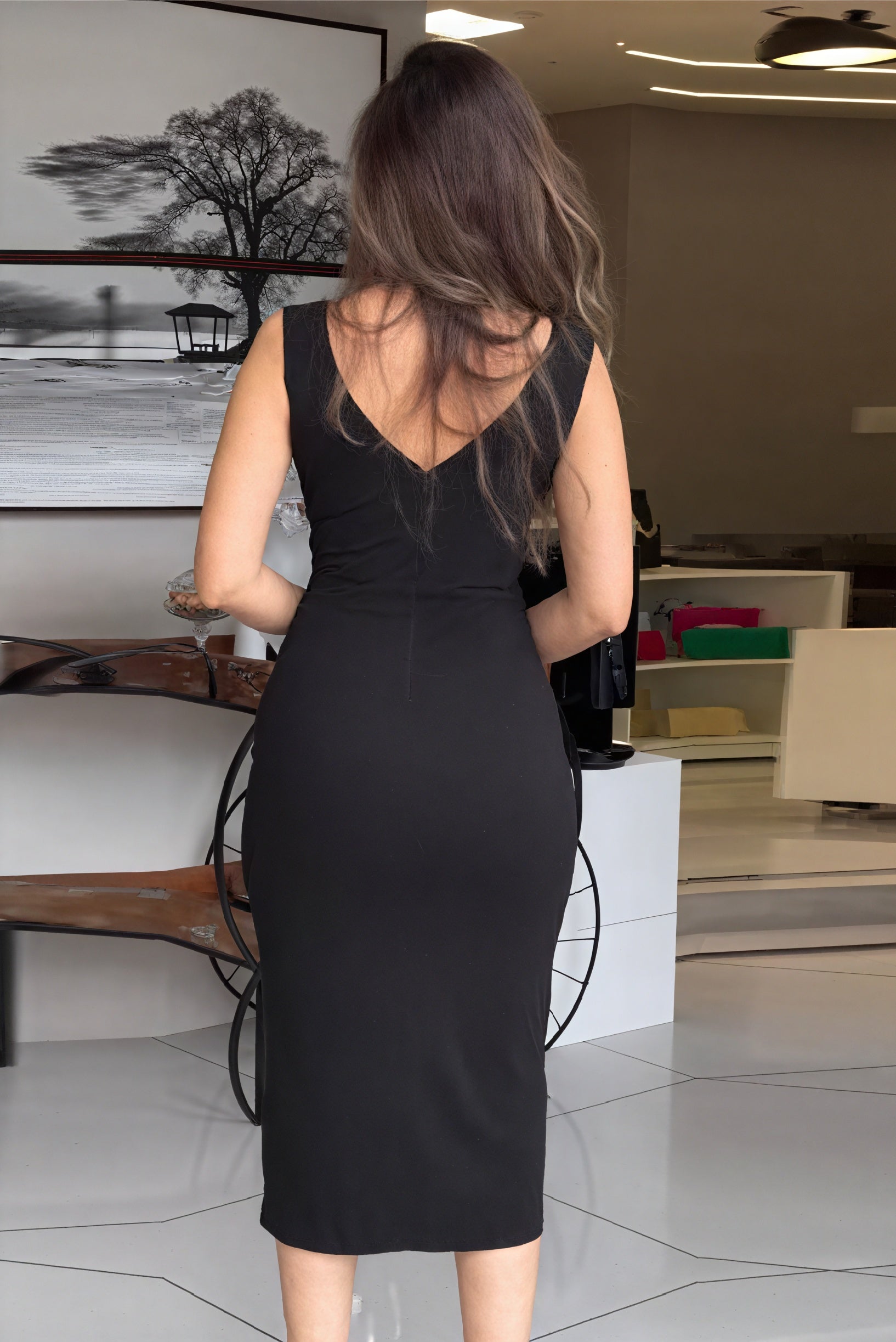 Sculpted Midi Dress - Plunging Neckline, Fitted