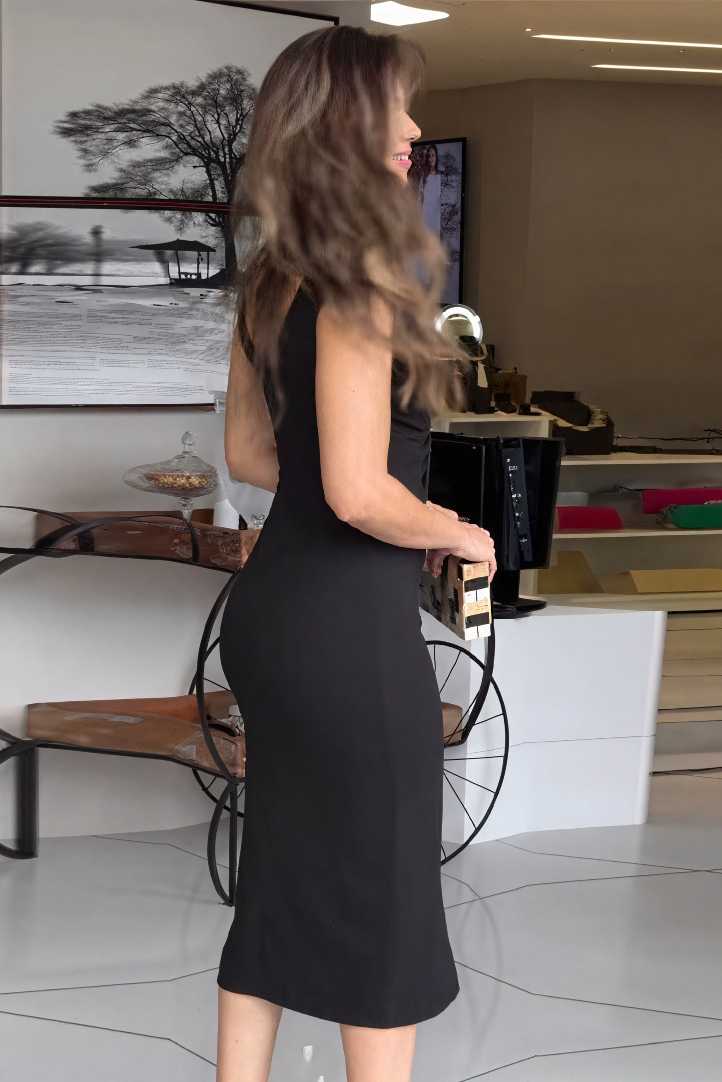 Sculpted Midi Dress - Plunging Neckline, Fitted