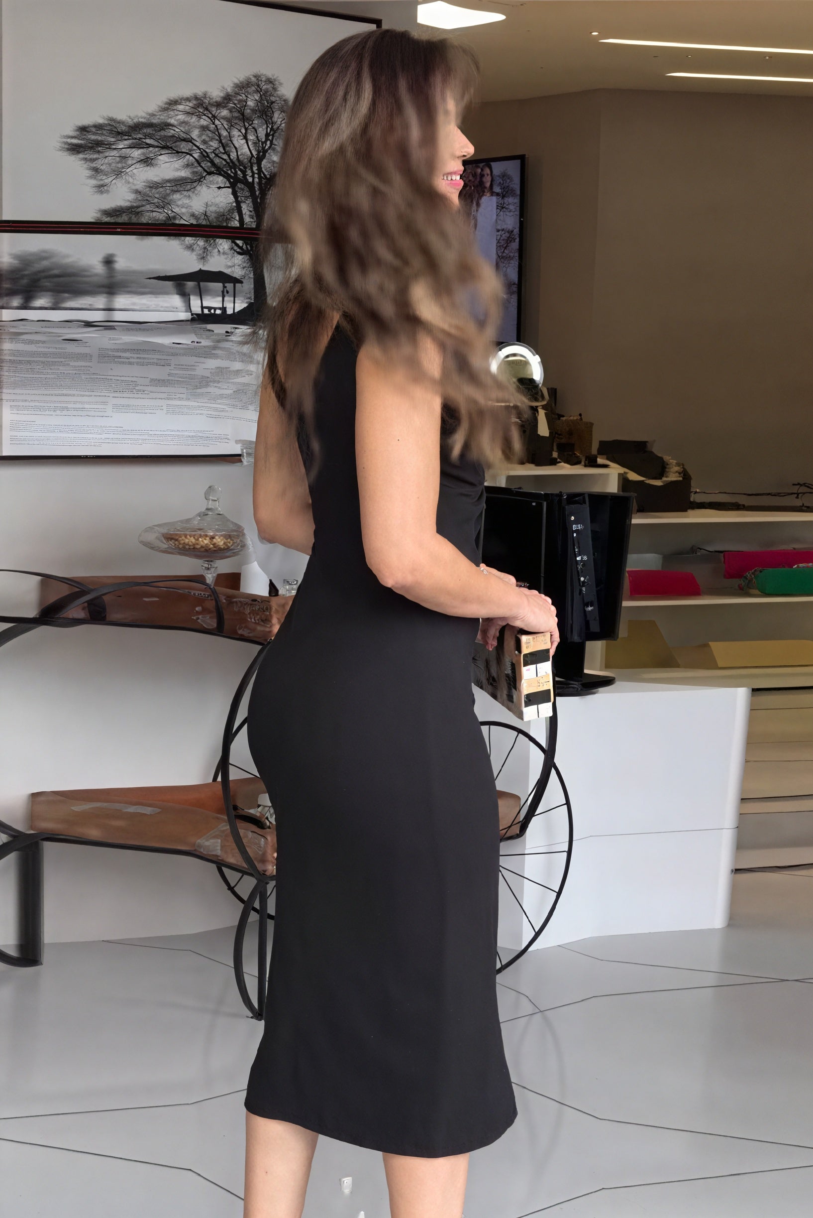 Sculpted Midi Dress - Plunging Neckline, Fitted