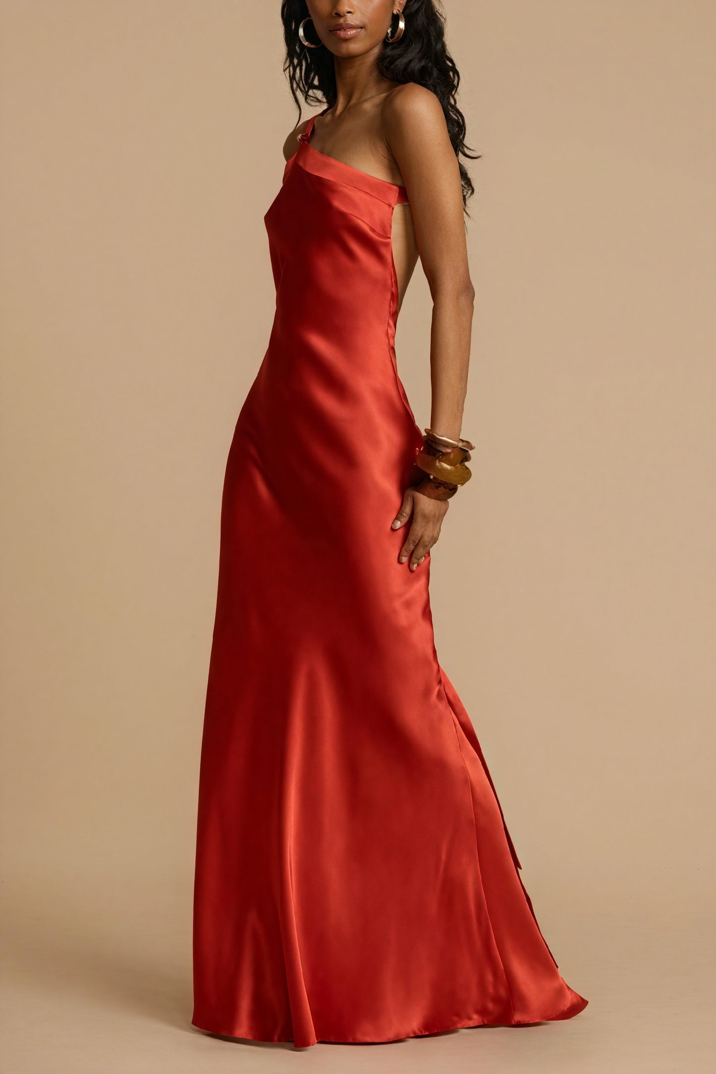 Asymmetric Gown - One-Shoulder, Floor-Length