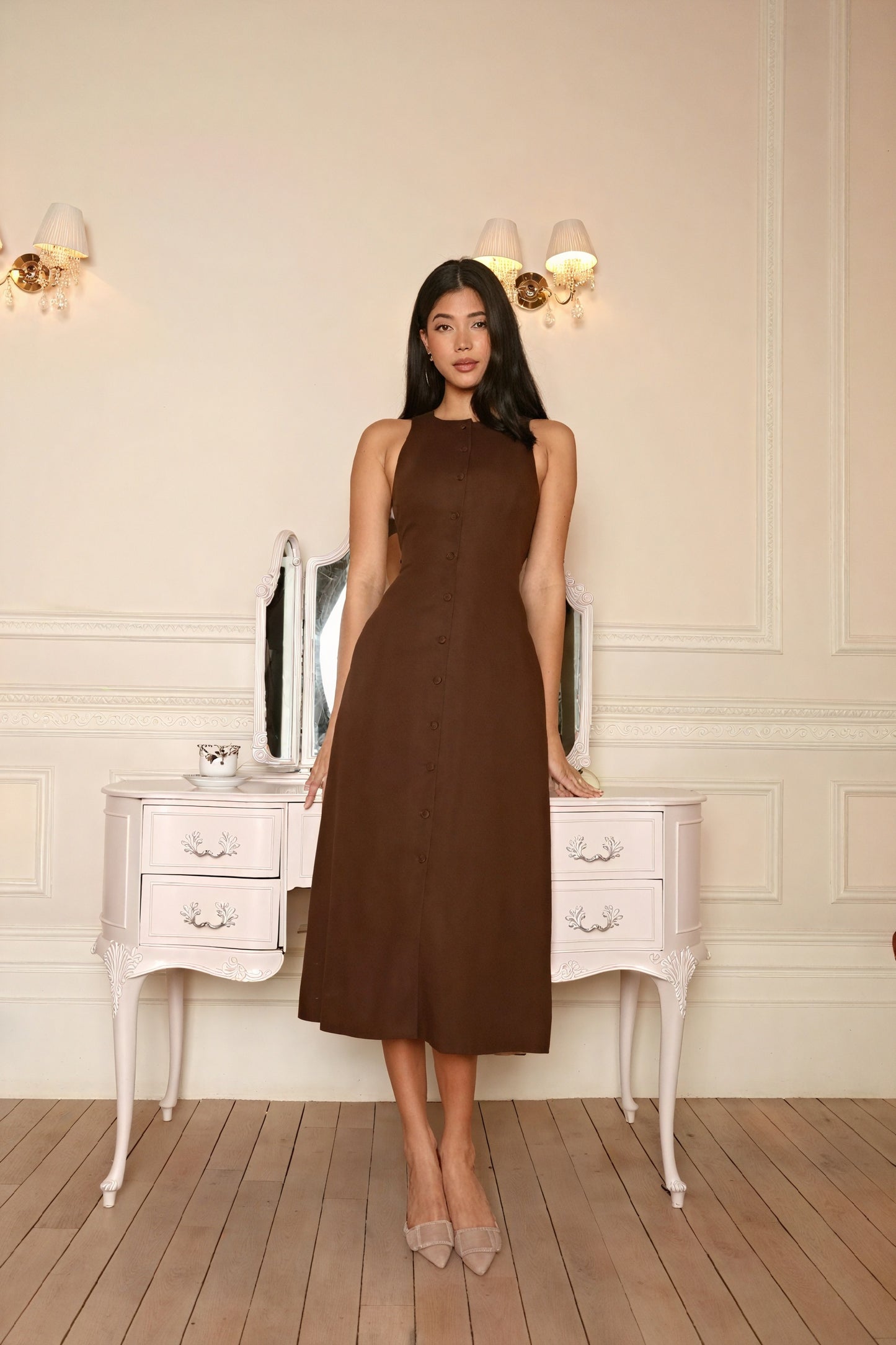 Button-Front A-Line Midi Dress with Slit