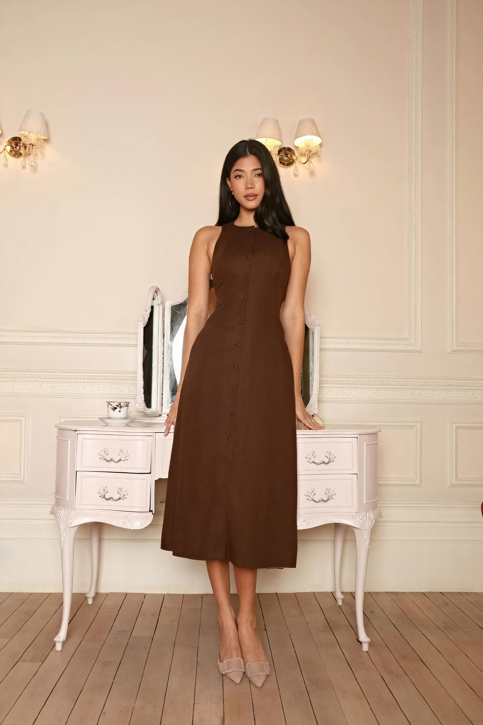 Button-Front A-Line Midi Dress with Slit