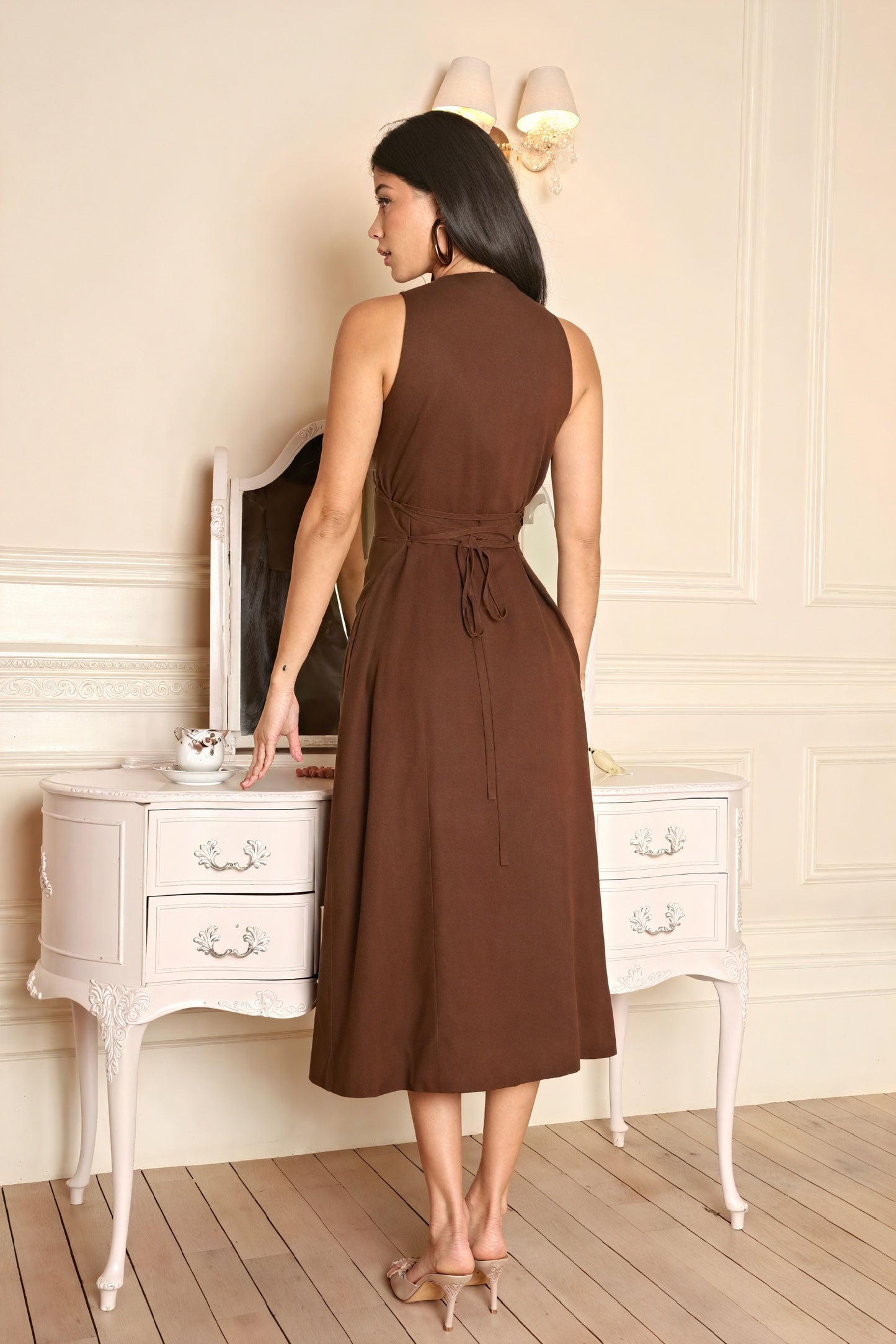 Button-Front A-Line Midi Dress with Slit