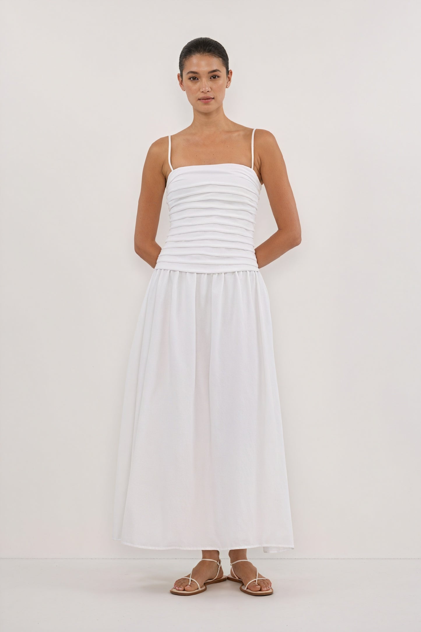 A-Line Midi Dress - Pleated Bodice, White
