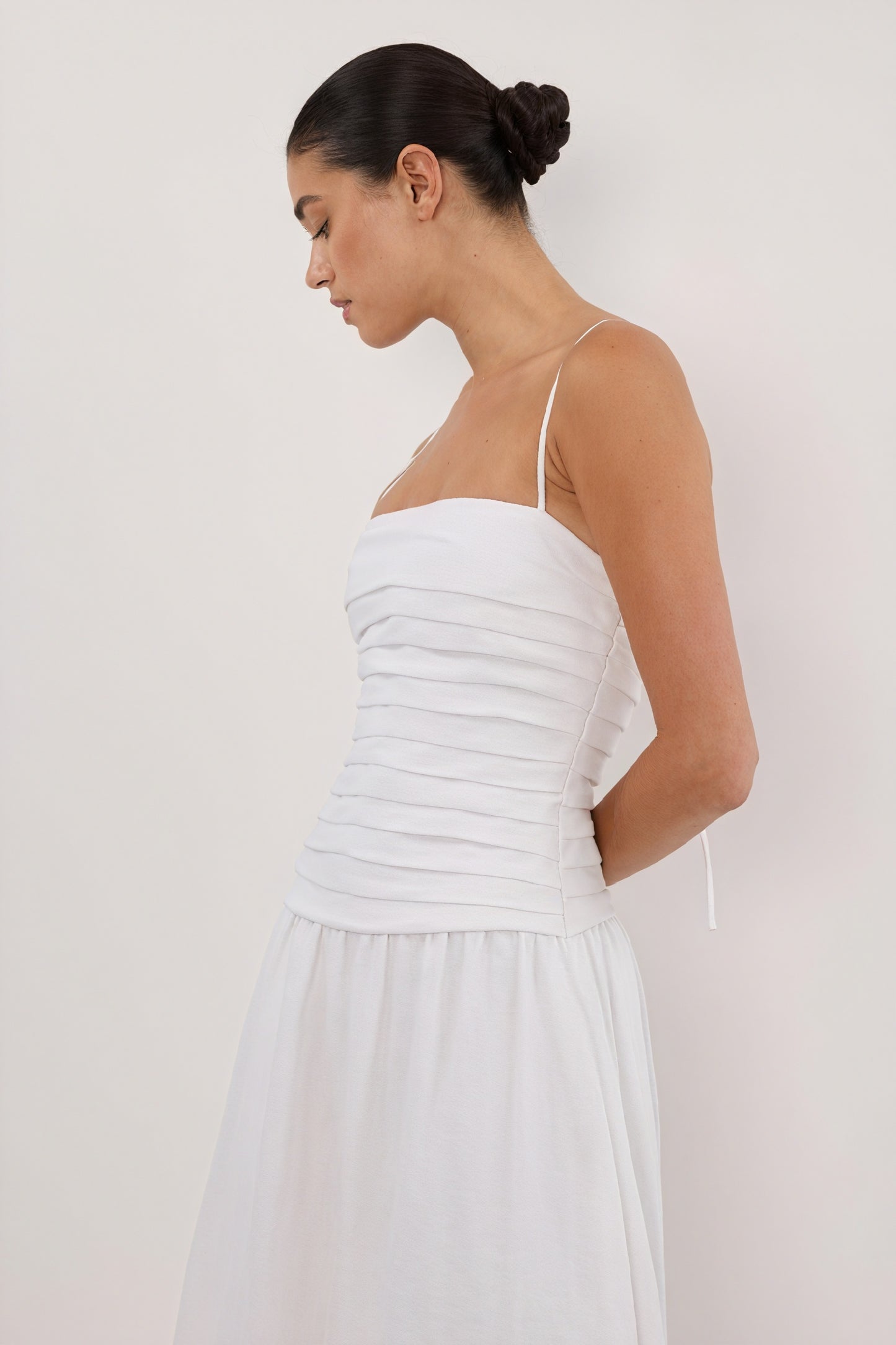 A-Line Midi Dress - Pleated Bodice, White