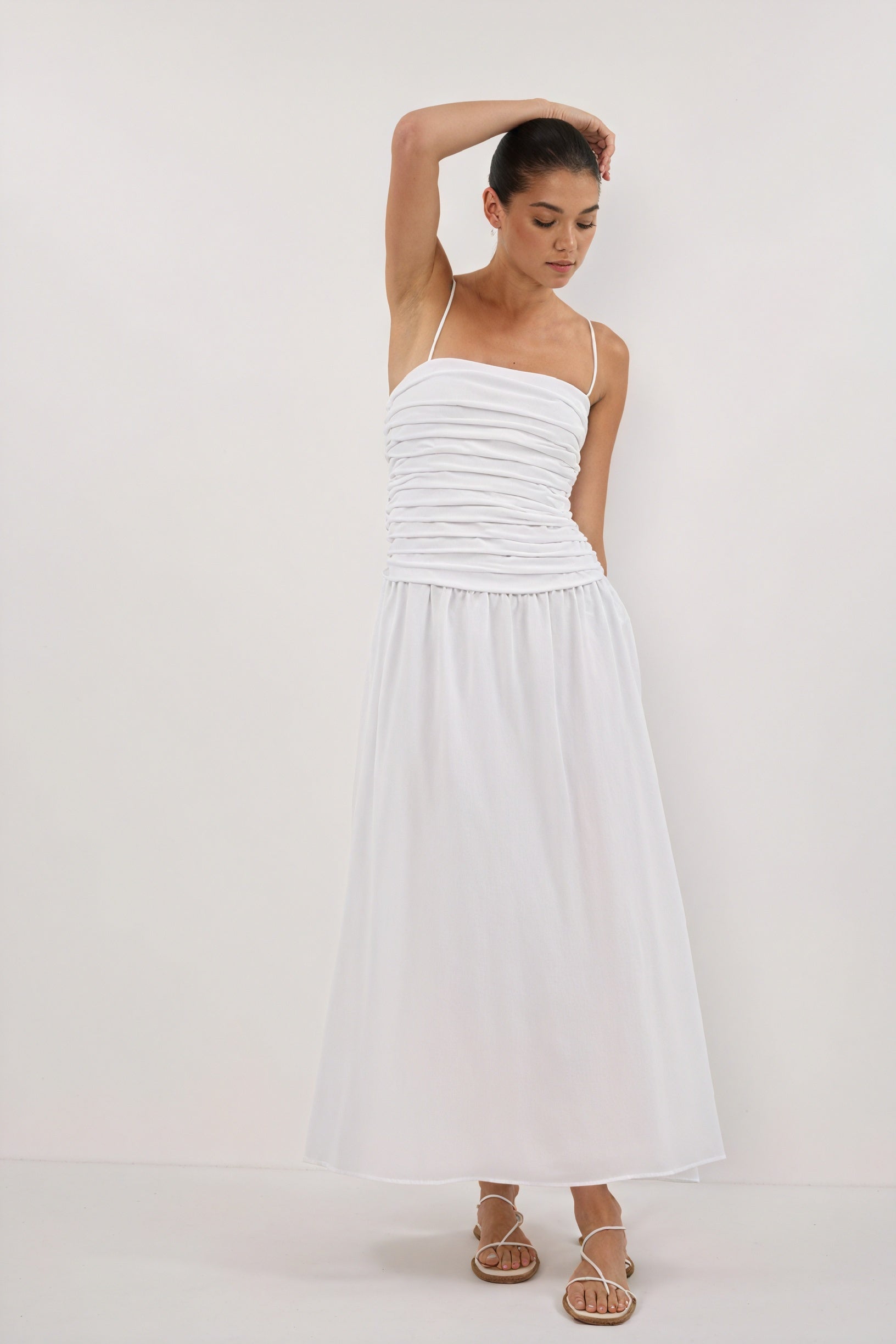 A-Line Midi Dress - Pleated Bodice, White